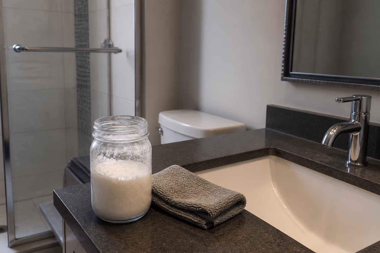 A compact Ottawa condo bathroom with a glass jar of soft scrub paste and a folded microfibre cloth on the counter, showing how the same DIY recipe works in homes across the city.