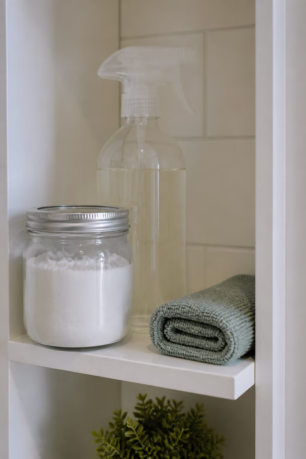 A bathroom shelf with a glass jar of soft scrub paste, a refillable spray bottle and a folded microfibre cloth, the DIY kit kept within easy reach for the weekly clean.