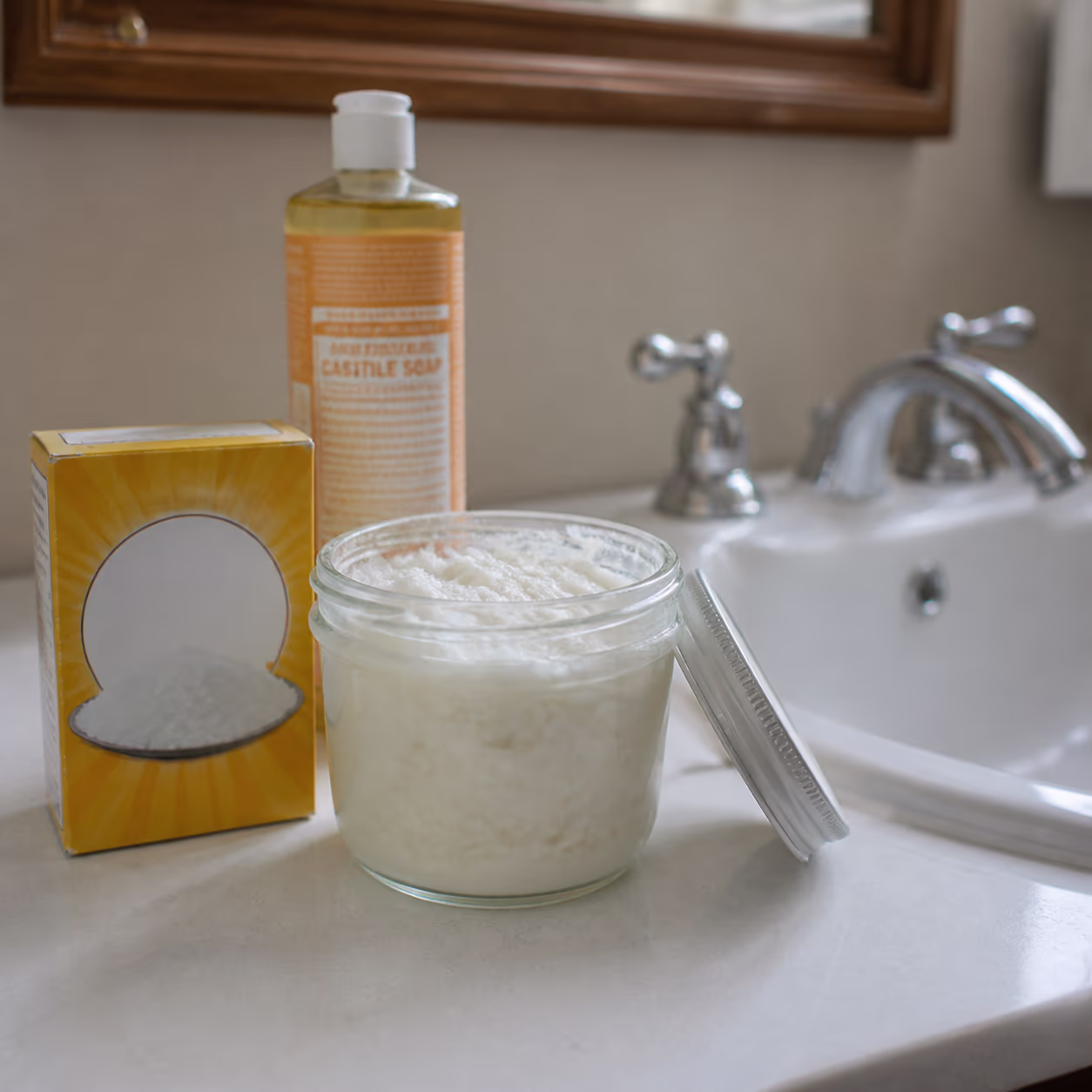 A glass jar of thick white homemade soft scrub paste on a bathroom counter, with a small box of baking soda and a bottle of liquid castile soap beside it.