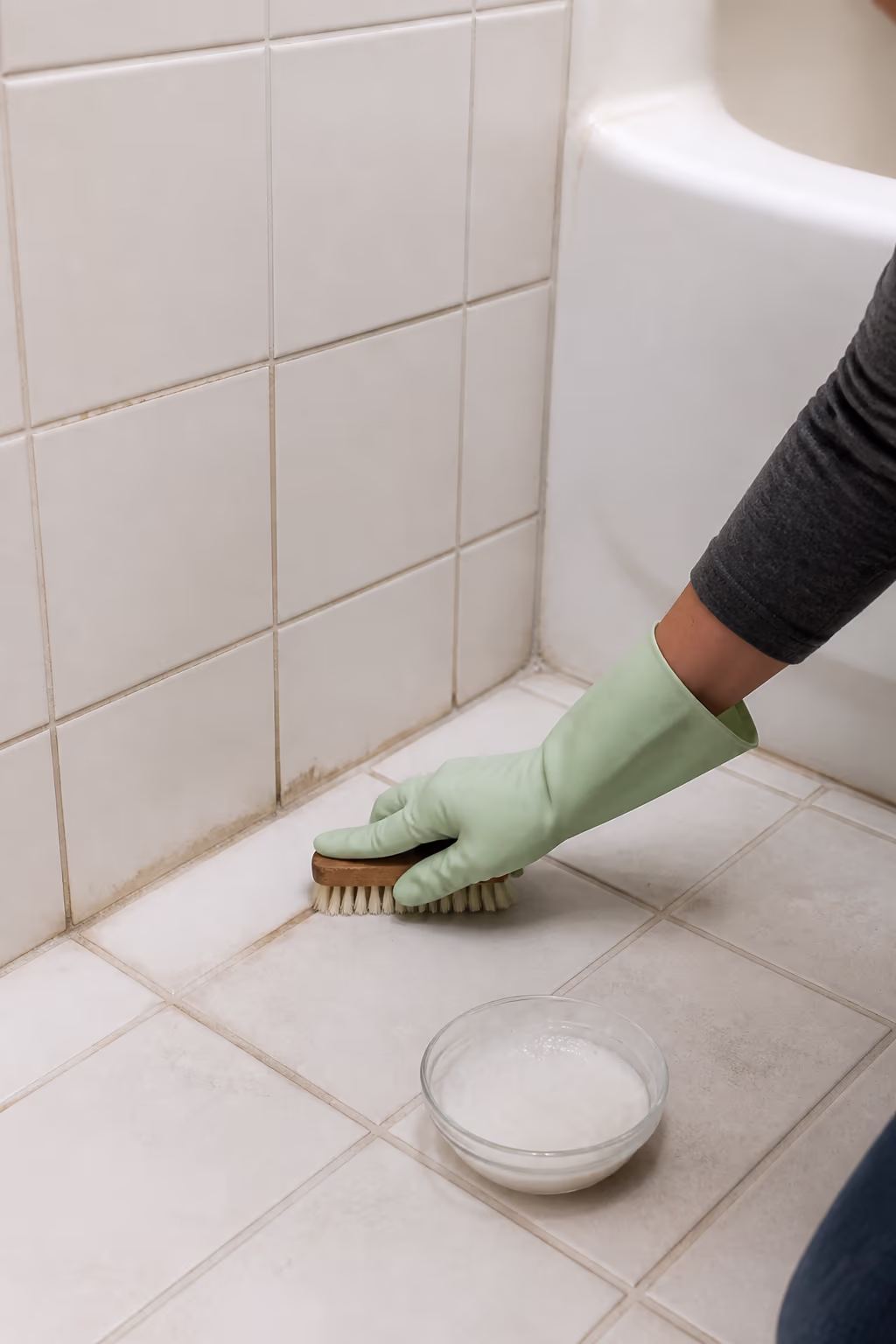 A gloved hand working a soft-bristled brush over discoloured grout lines on ceramic bathroom tile, with a small bowl of soft scrub paste nearby.
