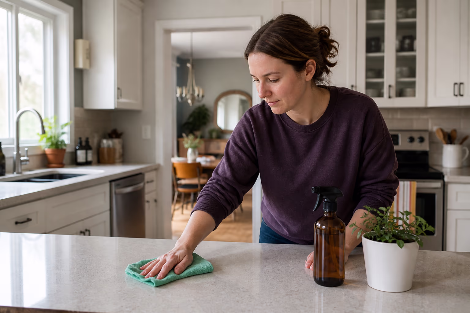 A cleaner in an apron and yellow gloves holding a caddy of cloths and eco-friendly cleaning bottles in a bright, freshly organised spring-clean kitchen.
