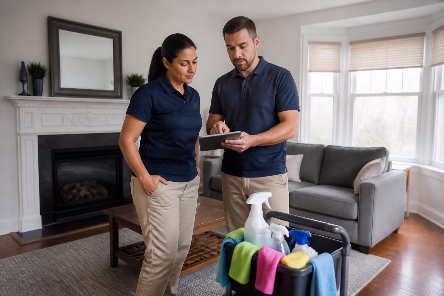 Cleaning technicians in matching polo shirts reviewing a digital cleaning checklist beside a colour-coded supply caddy before a residential spring deep clean in Ottawa.