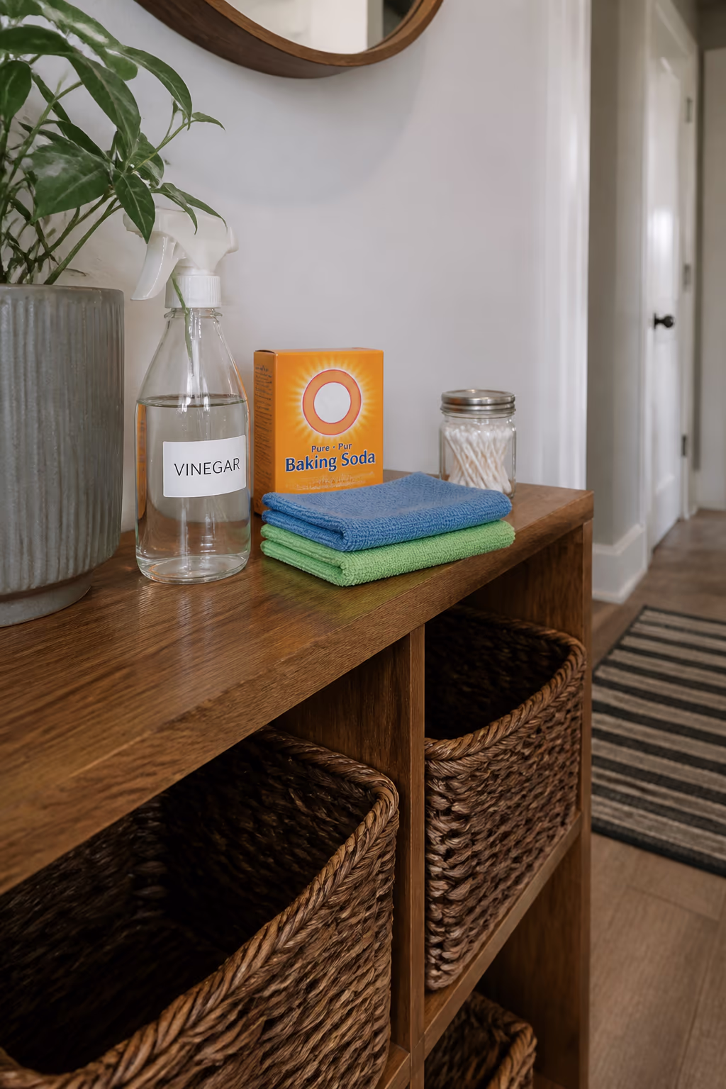 A tidy Ottawa hallway shelf holding a glass spray bottle of white vinegar, a box of baking soda, a stack of microfibre cloths and cotton swabs, ready for the quick spring cleaning fixes in the FAQ.