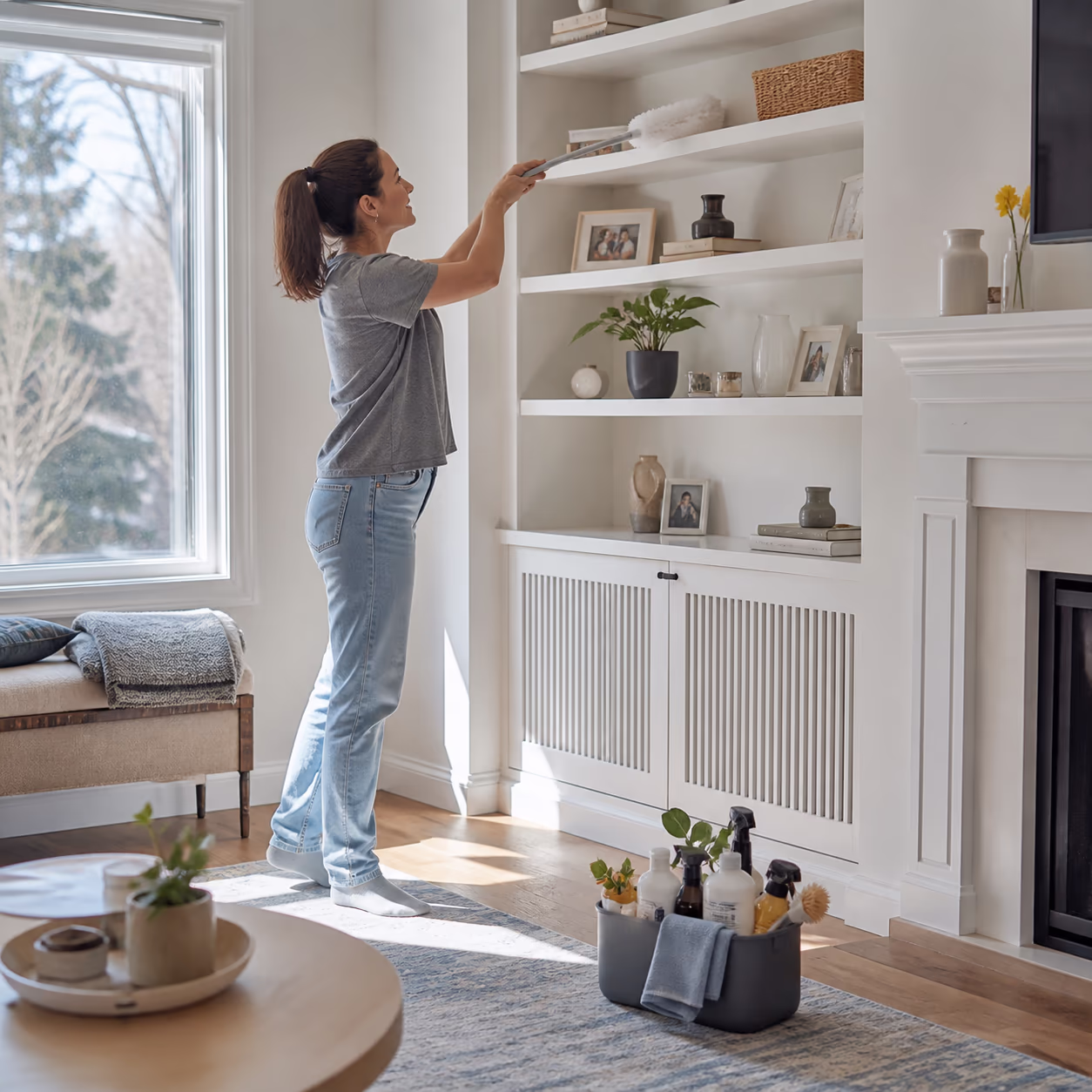 A bright Ottawa living room in early spring, sunlight through clean windows, a cleaner dusting high shelves while a caddy of eco-friendly supplies waits on the floor.