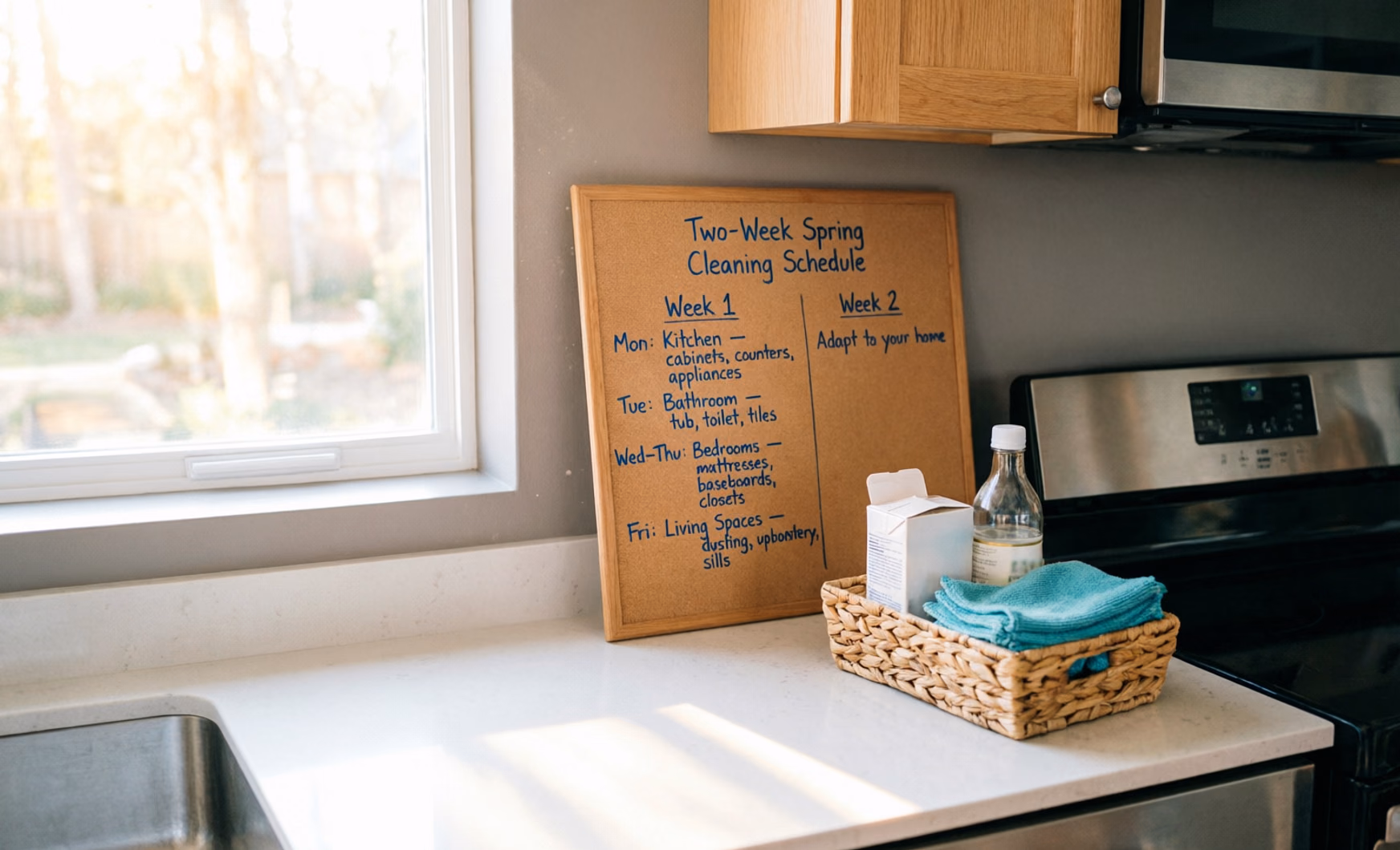 A handwritten two-week spring cleaning schedule pinned to a kitchen corkboard beside a small basket of baking soda, white vinegar and microfibre cloths.