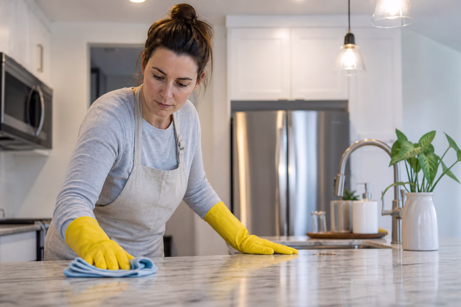 A cleaner in an apron and yellow gloves holding a caddy of cloths and cleaning bottles in a bright kitchen, ready to work top-to-bottom through the room.
