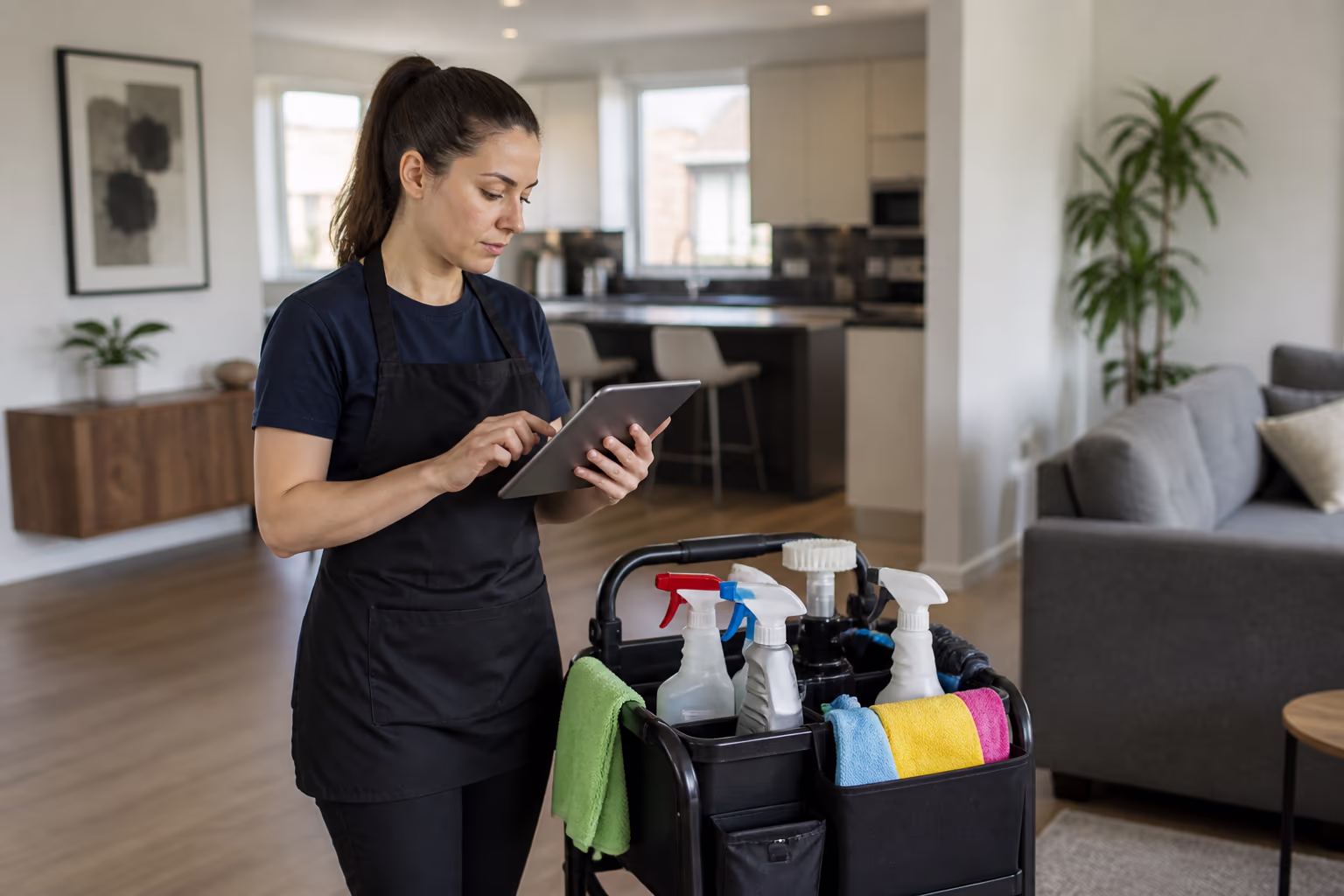 Cleaning technicians reviewing a digital cleaning checklist beside a colour-coded supply caddy before a residential clean in Ottawa.