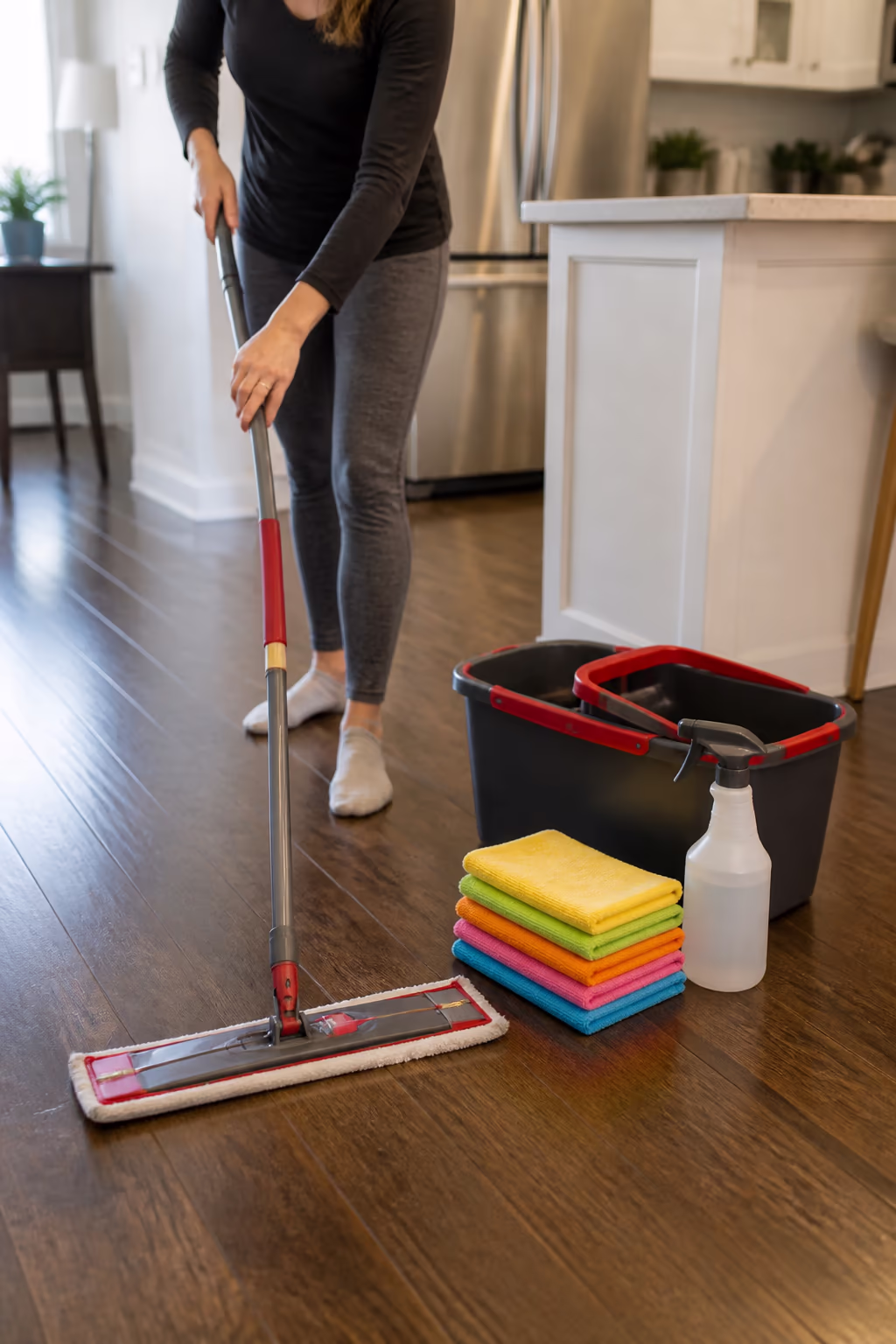 A neat stack of colour-coded microfibre cloths beside a dual-bucket caddy and a trigger spray bottle on an Ottawa kitchen counter, ready for the weekly cleaning routine.