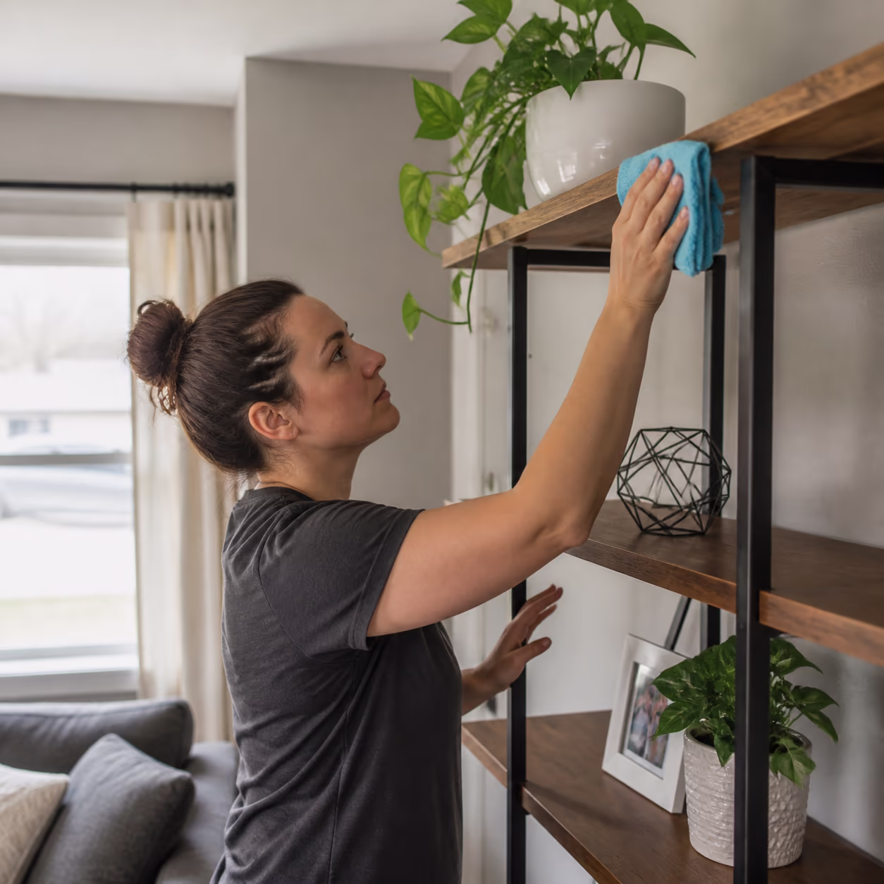 A cleaner working top-to-bottom in a bright living room, dusting a high shelf with a microfibre cloth before wiping the lower surfaces.