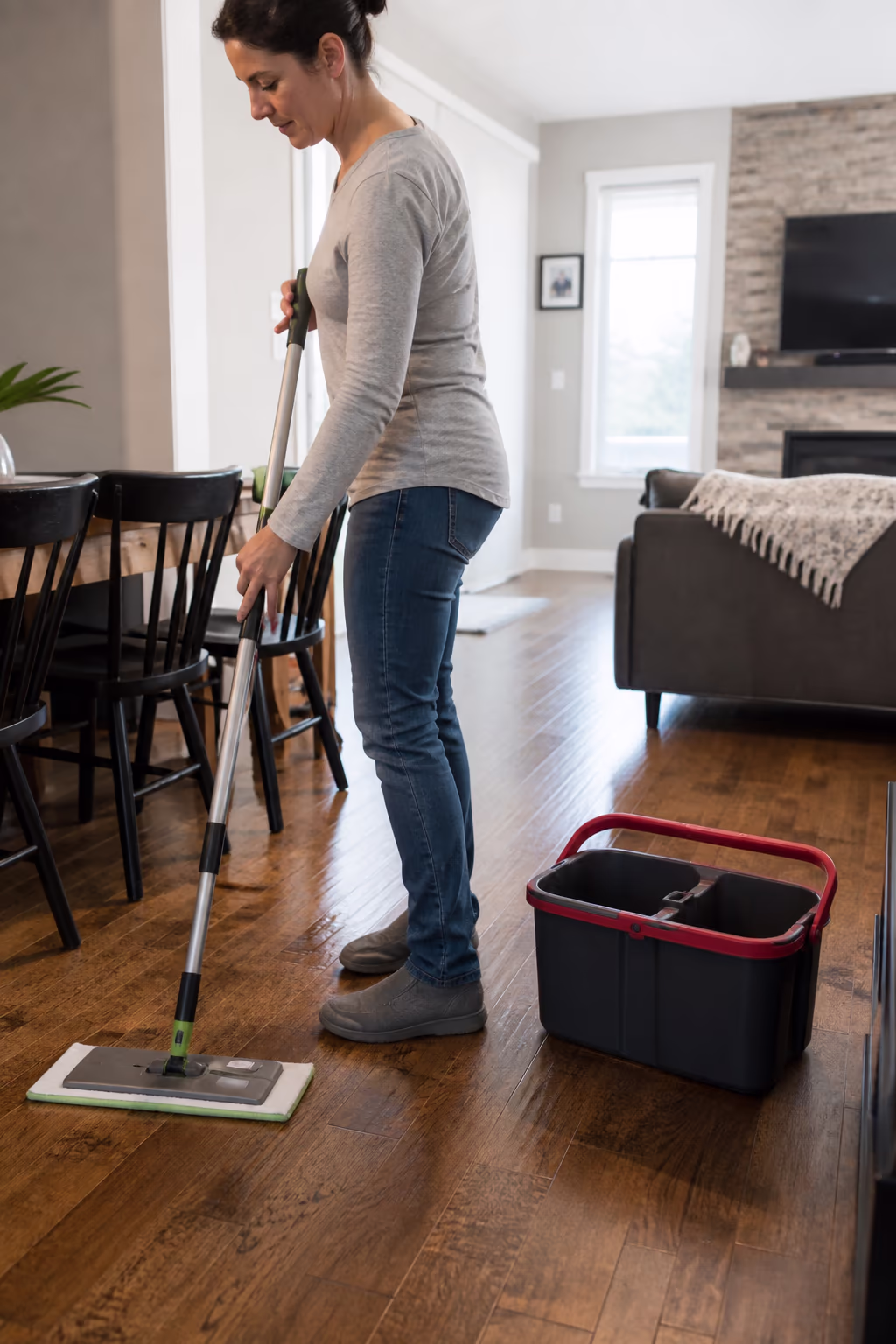A colour-coded set of microfibre cloths and a dual-bucket caddy arranged on a kitchen counter before a top-to-bottom room clean.