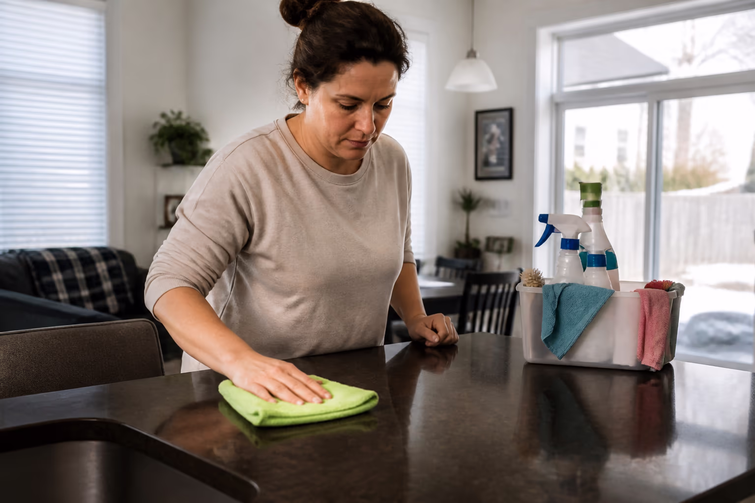 A cleaner in an apron and yellow gloves holding a caddy of cloths and cleaning bottles in a bright kitchen.