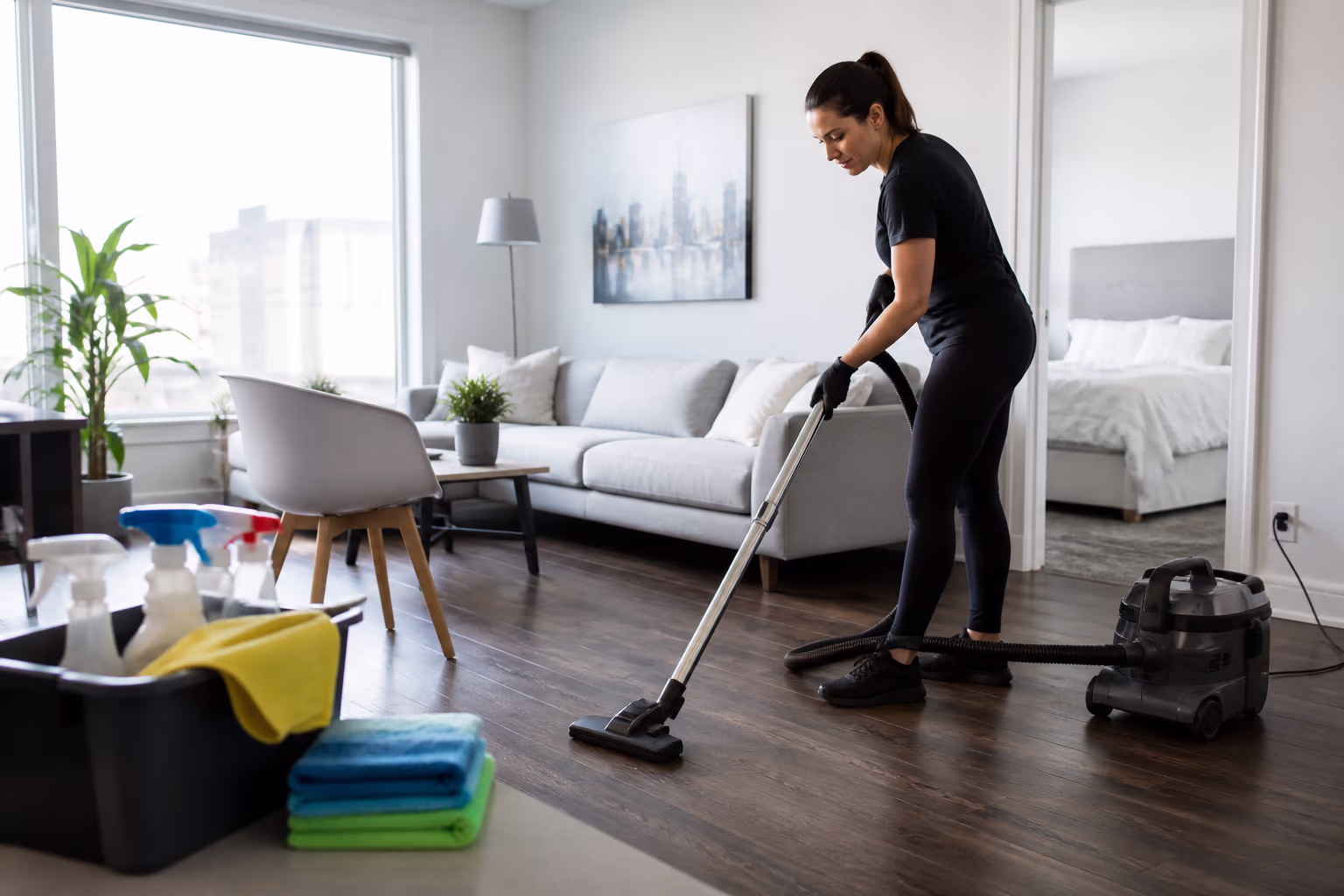 A cleaning technician finishing a bright Ottawa living room, with a supply caddy, vacuum and folded microfibre cloths beside freshly cleared surfaces.