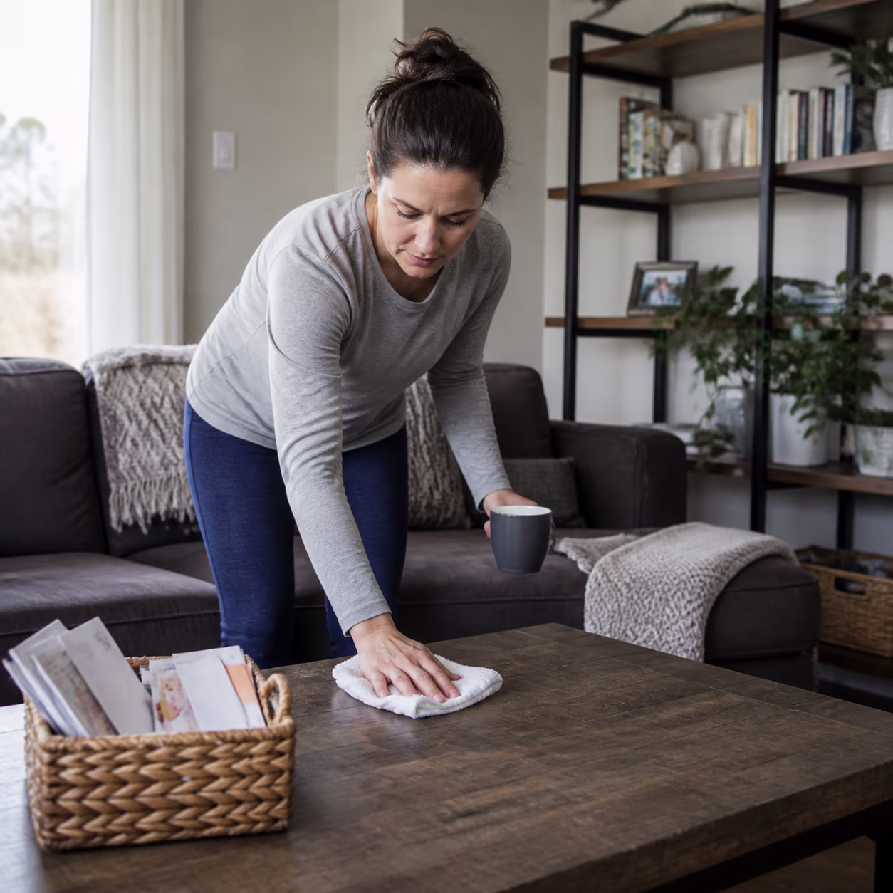 A bright living room in the middle of a focused reset: a cleared coffee table and tidy shelves beside a small basket of unsorted mail, showing how visual clutter competes for attention.