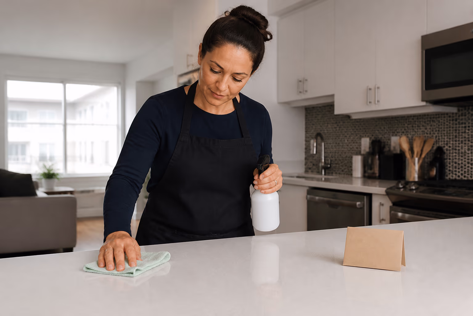 A professional cleaner in an apron holding a spray bottle and a folded cloth in a bright Ottawa kitchen, with a small thank-you envelope resting on the counter.