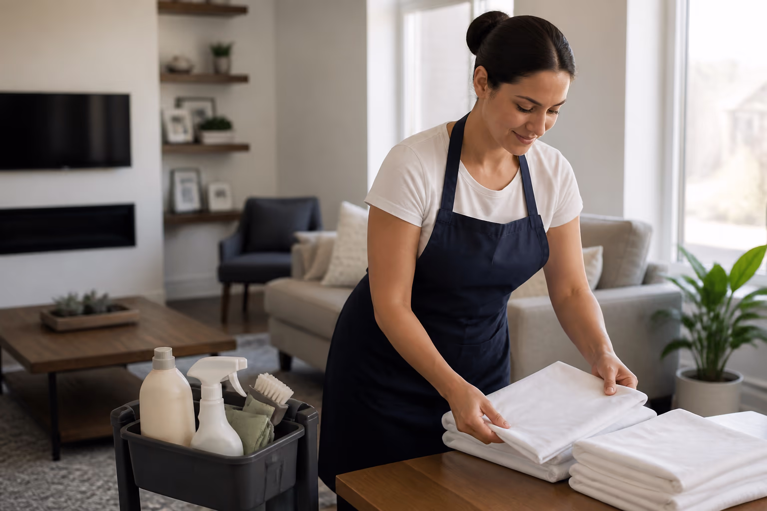A cleaning technician in an apron folding fresh linens beside a caddy of eco-friendly cleaning supplies in a bright Ottawa living room.