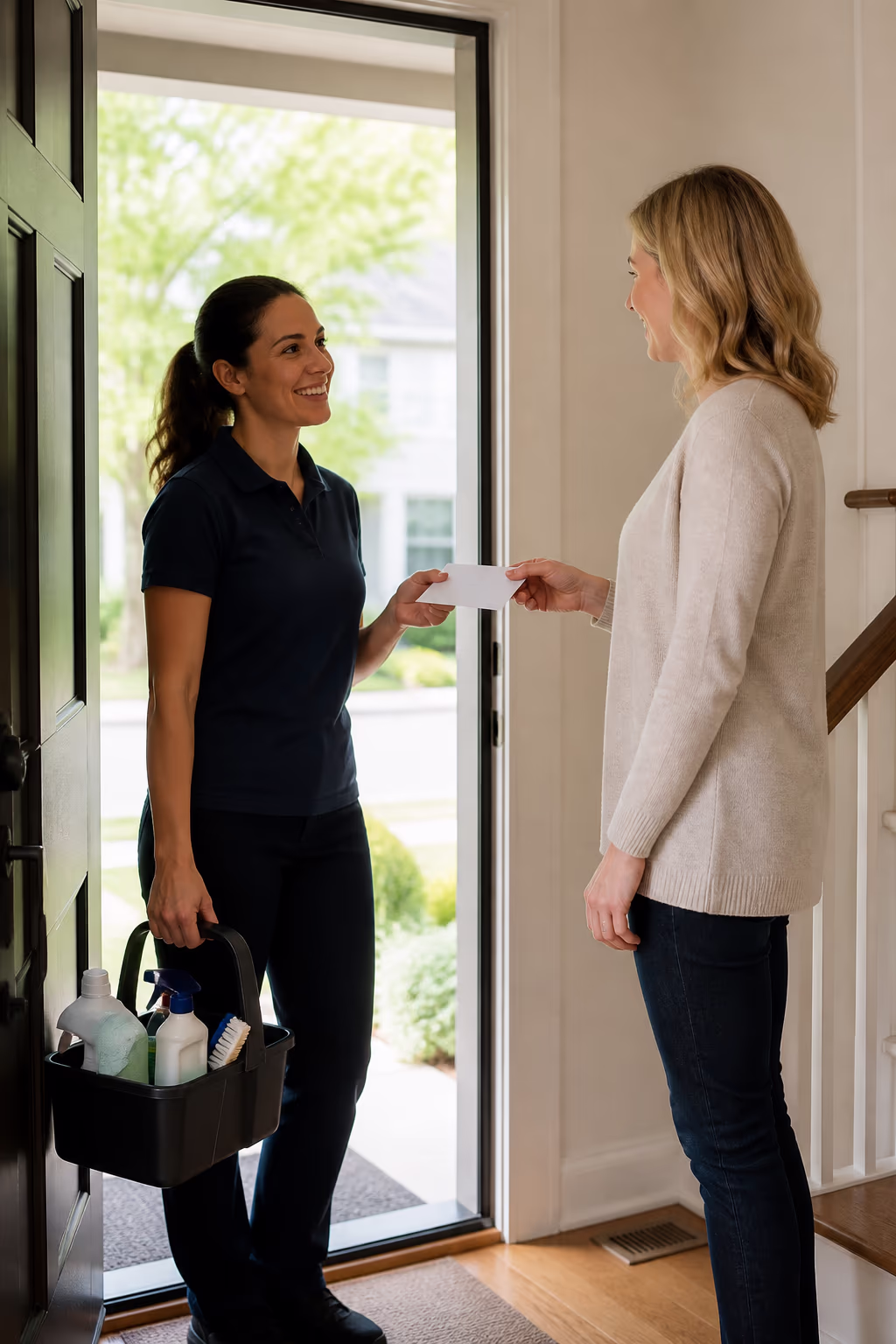 A professional cleaner receiving a tip envelope with a smile from a homeowner at a bright Ottawa front door, with a cleaning caddy nearby.