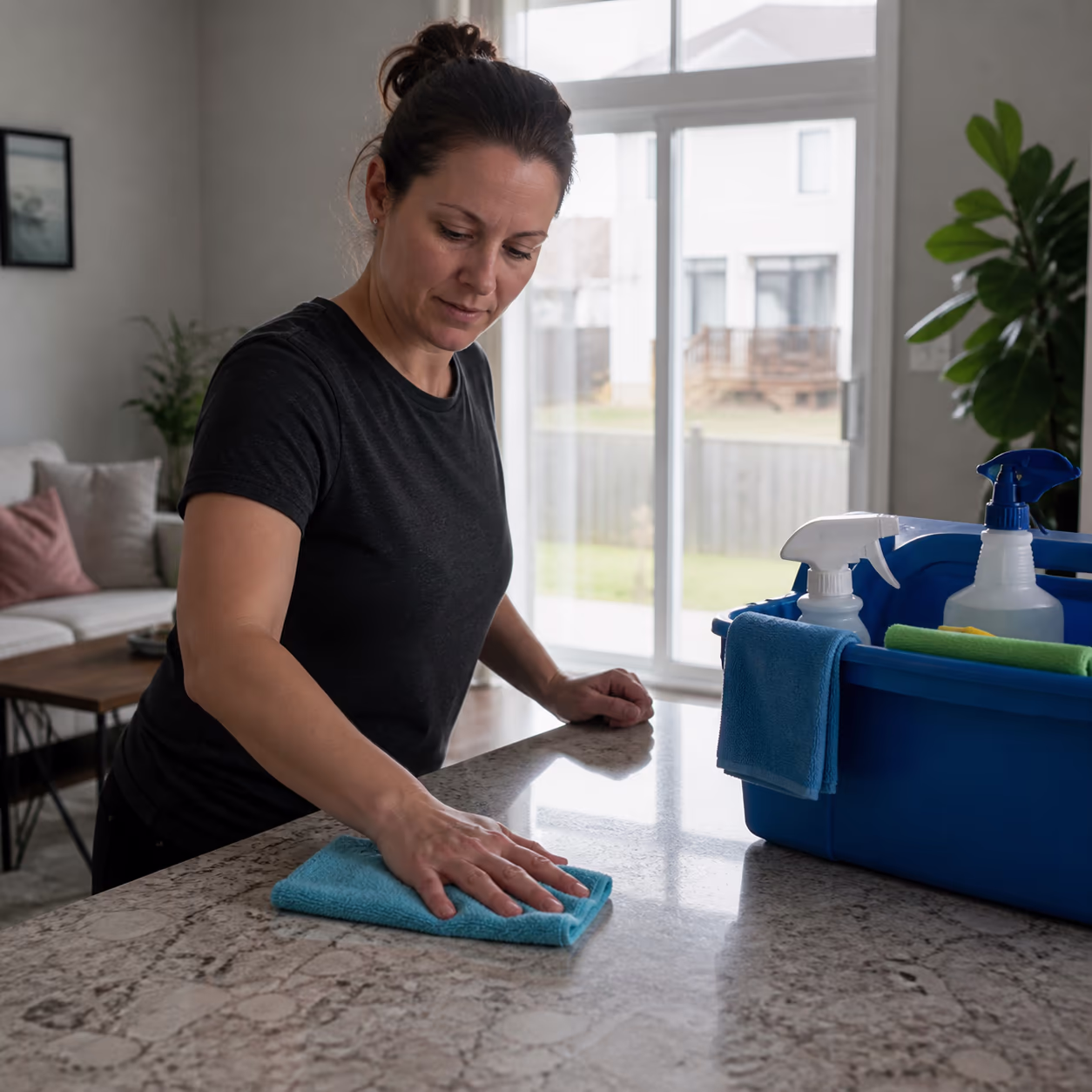 A homeowner handing a small thank-you envelope to a professional cleaner at a bright Ottawa front door after a house clean, with a cleaning caddy and folded cloths nearby.