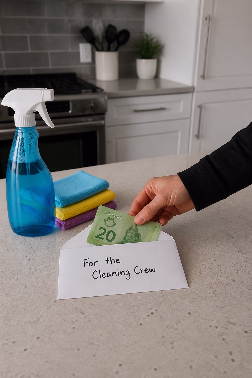 A hand placing folded cash into an envelope labelled For the Cleaning Crew on a kitchen counter beside a spray bottle and folded cloths.