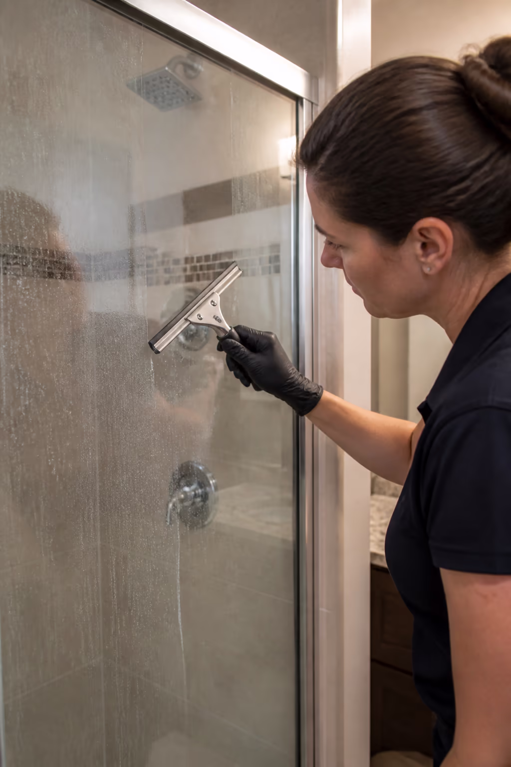 Close-up of a professional cleaner inspecting etched glass and hard-water marks on a shower door during a deep clean assessment in an Ottawa bathroom.