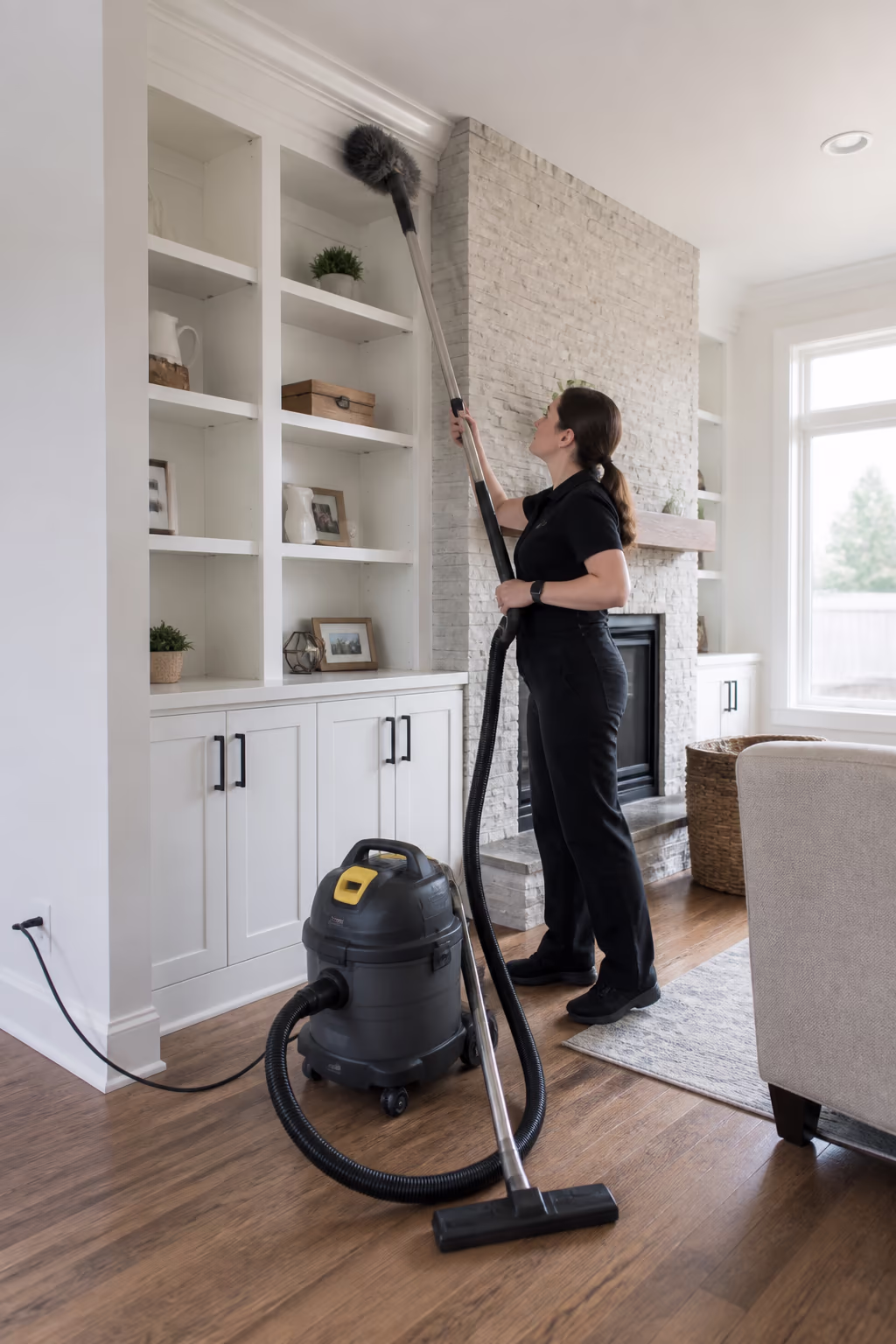 A professional cleaner using an extendable duster on high shelving while a HEPA vacuum stands ready on the floor below, in a bright Ottawa living room.