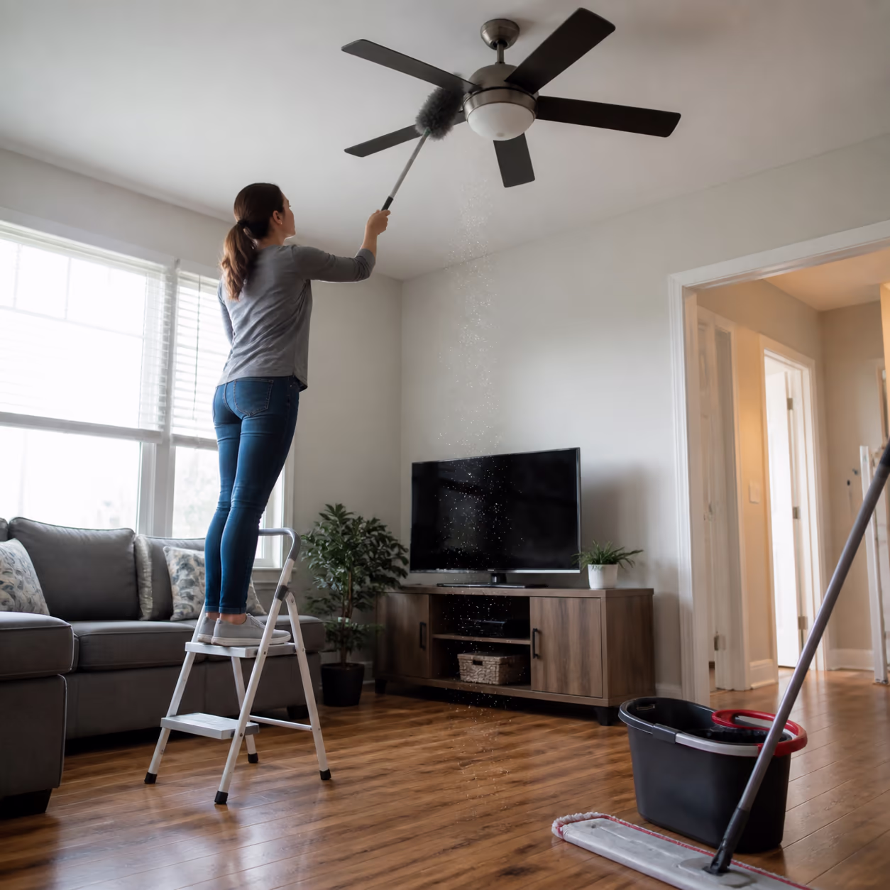 A cleaner on a step stool reaching up with an extendable duster to the blades of a ceiling fan in a bright living room, dust drifting down toward the hardwood floor.