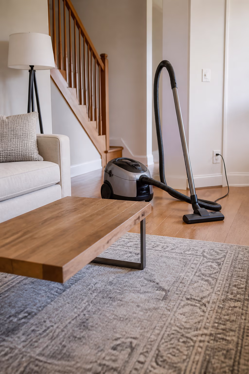 A freshly finished living room with a HEPA vacuum standing beside the sofa and a dust-free coffee table, the result of a single top-to-bottom cleaning pass.