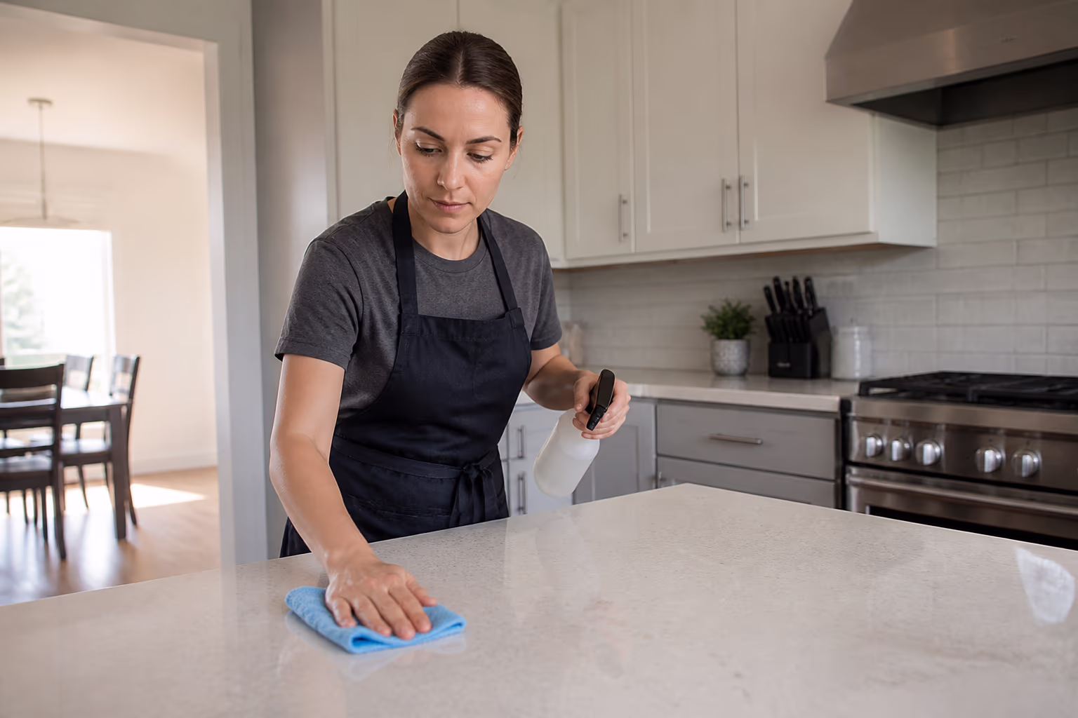 A professional cleaner in an apron holding a spray bottle and microfibre cloth beside a bright kitchen countertop.