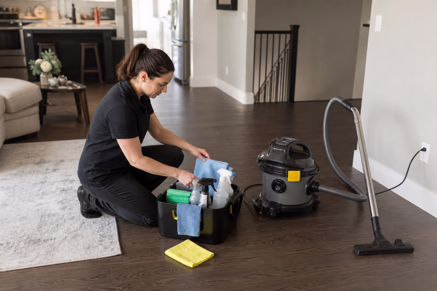 Cleaning technicians restocking a home cleaning caddy with microfibre cloths, spray bottles and a HEPA vacuum before a scheduled clean.