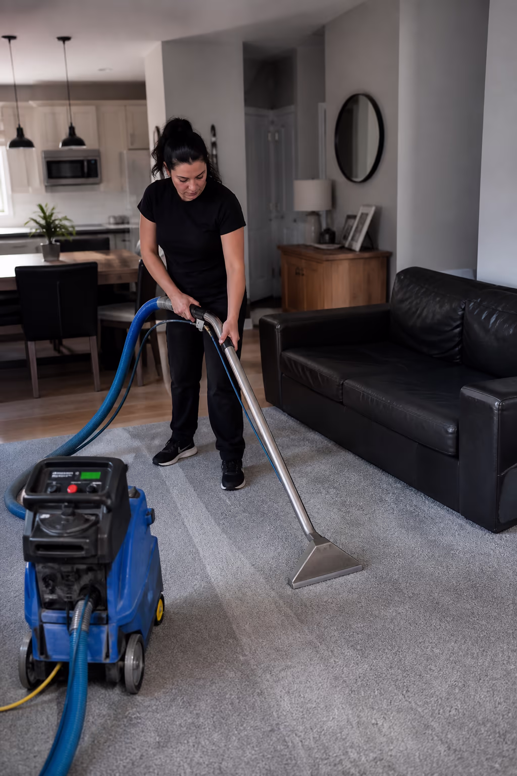 A cleaning technician running a commercial HEPA vacuum over a carpet and wiping a kitchen counter with green chemistry during a professional deep clean in an Ottawa home.