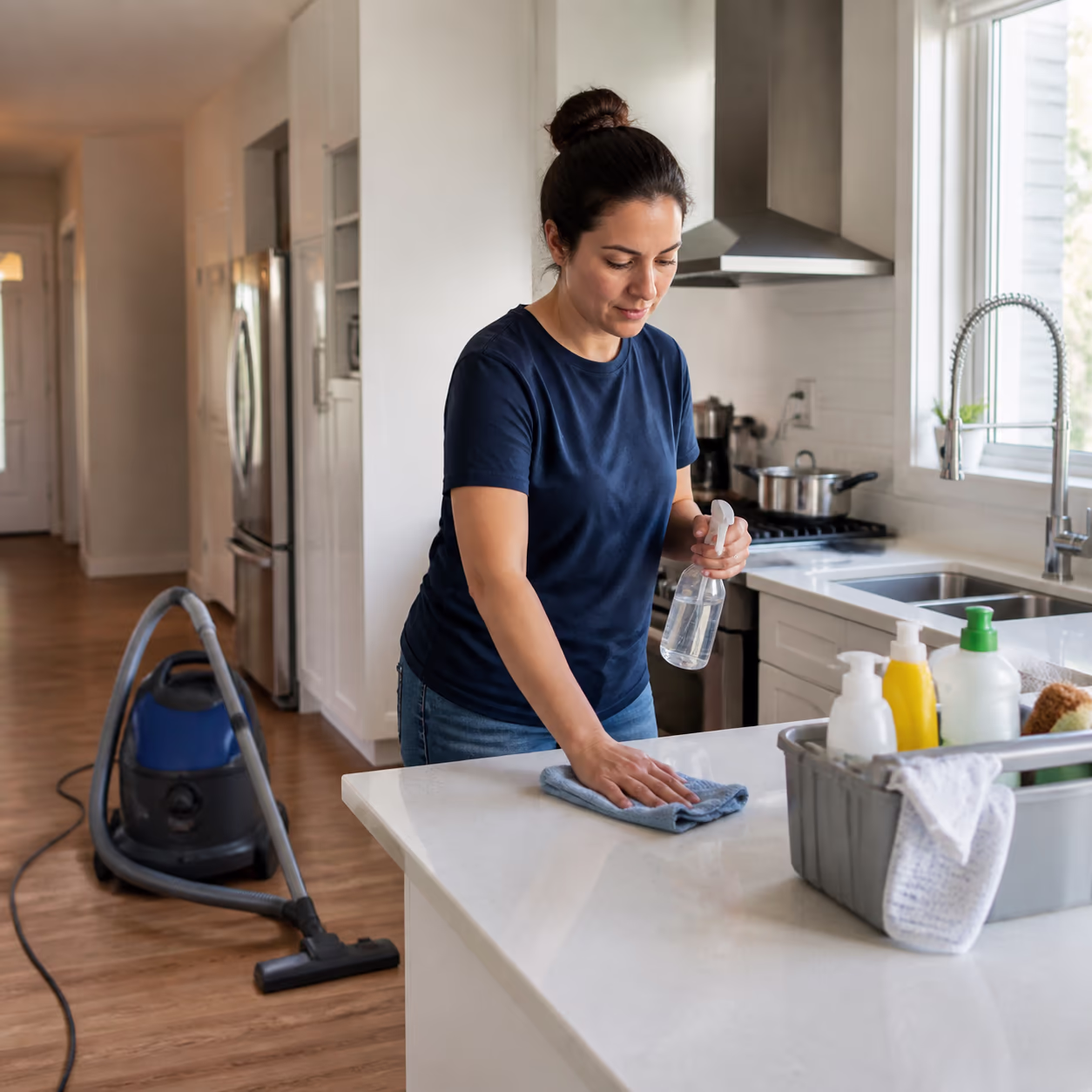 A homeowner in casual clothes wiping a kitchen counter with a cloth and spray bottle beside a compact vacuum and caddy of household cleaners.