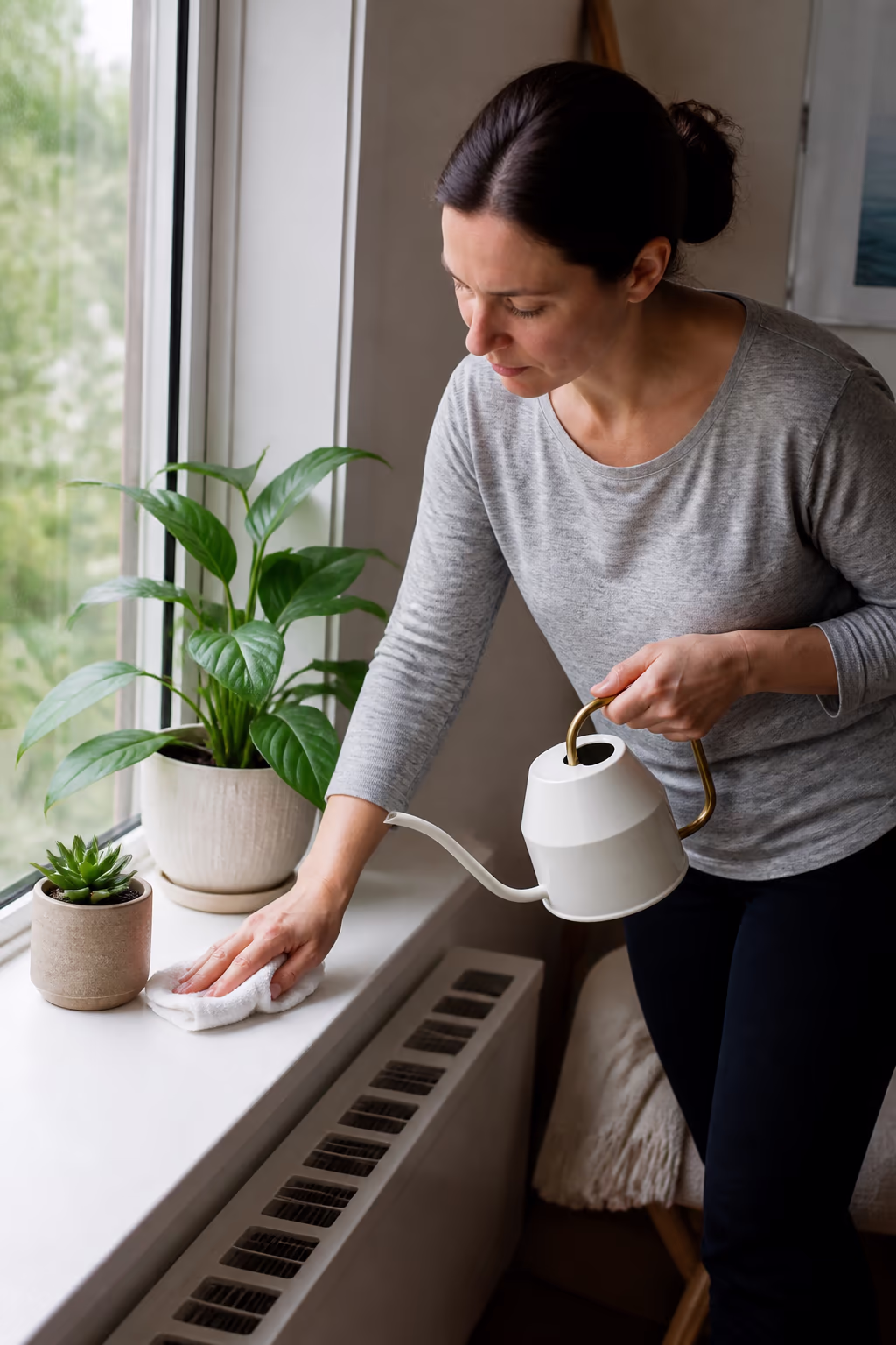 A person dusting a windowsill and watering a houseplant during a light weekly tidy in a bright apartment.