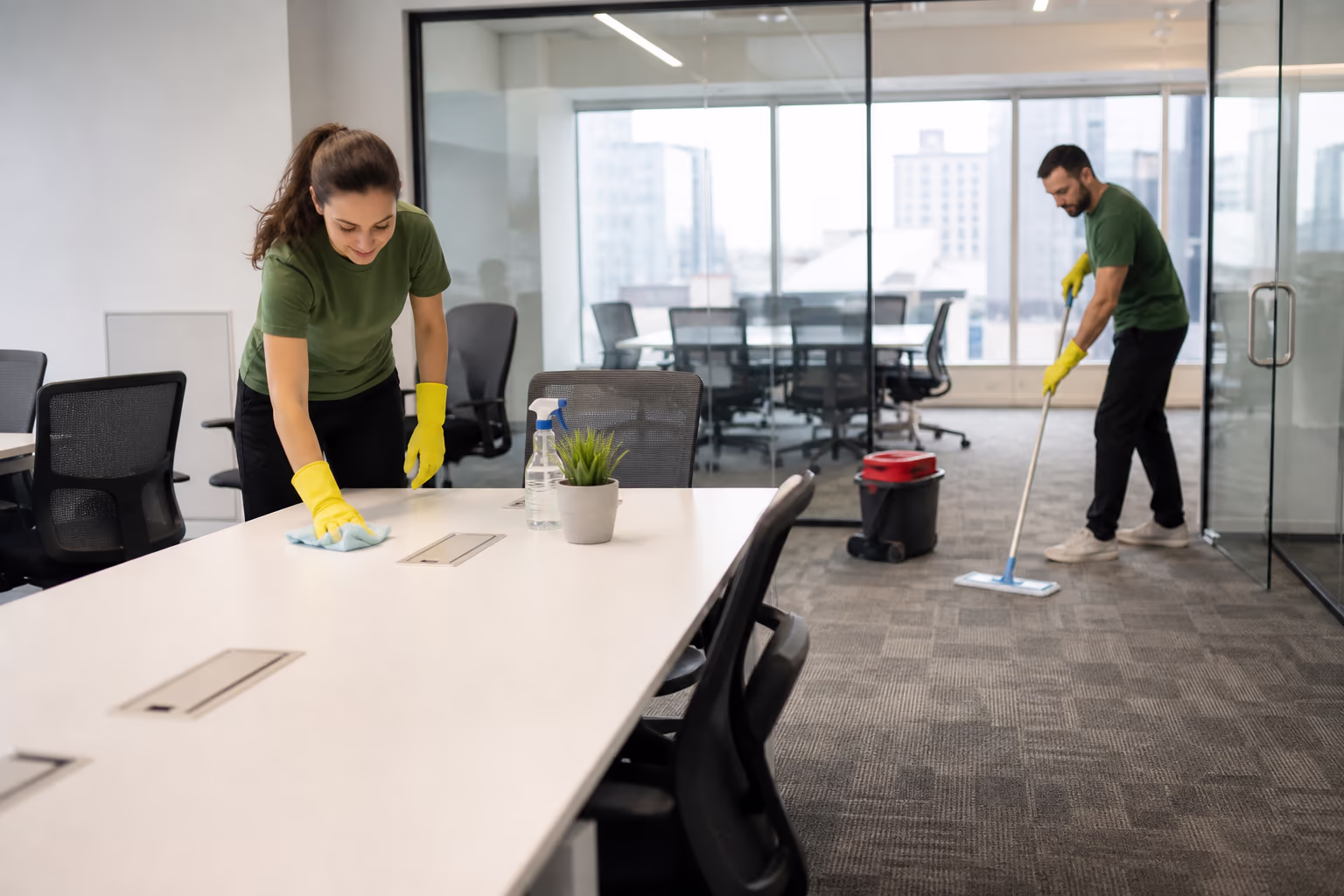Two cleaners in green shirts and yellow gloves wiping a shared office desk and mopping the floor of a glass-walled office meeting space in Ottawa.
