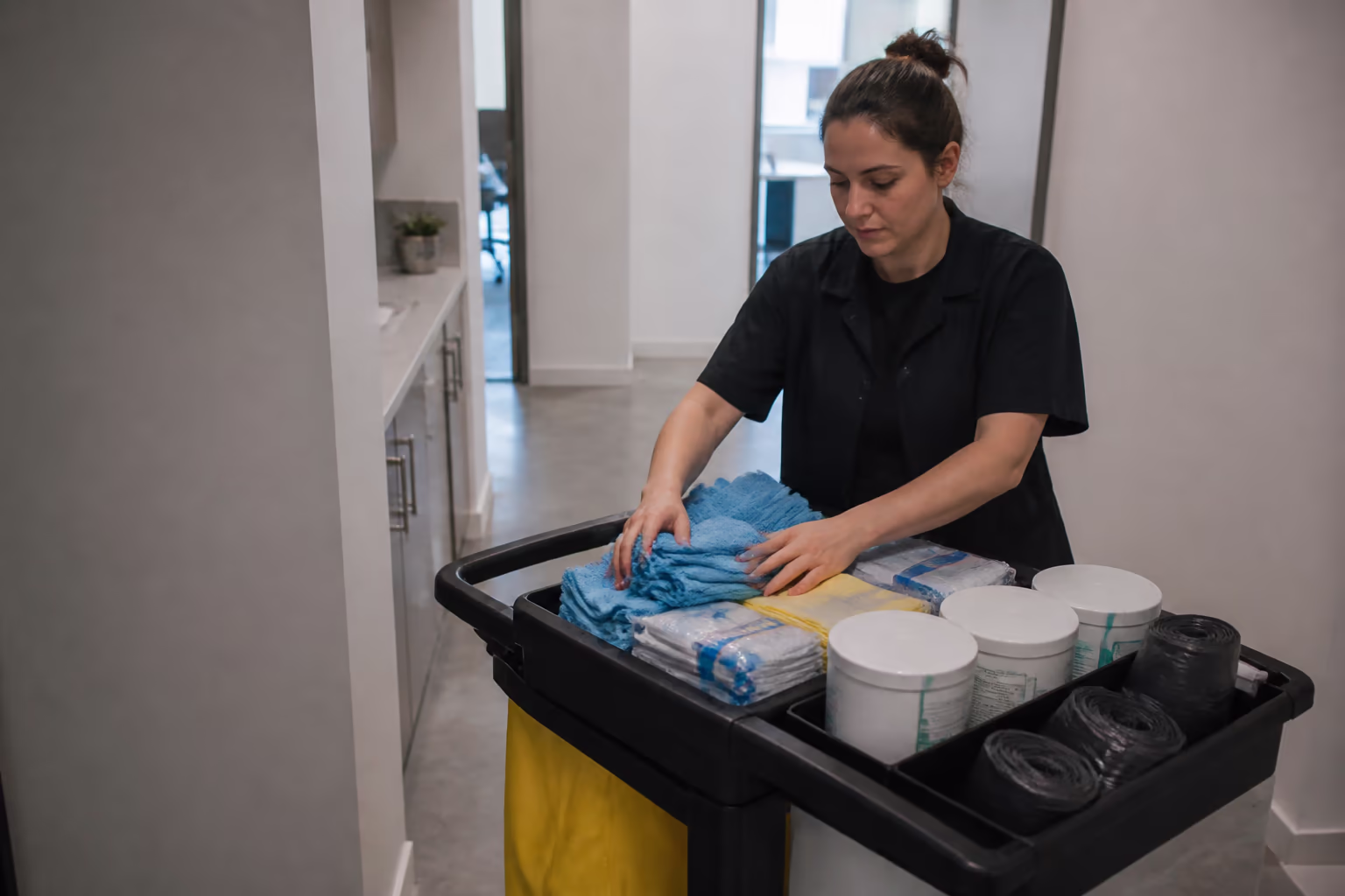 Cleaning technicians restocking a commercial office cleaning cart with microfibre cloths, disinfecting wipes and bin liners before a nightly janitorial round in Ottawa.