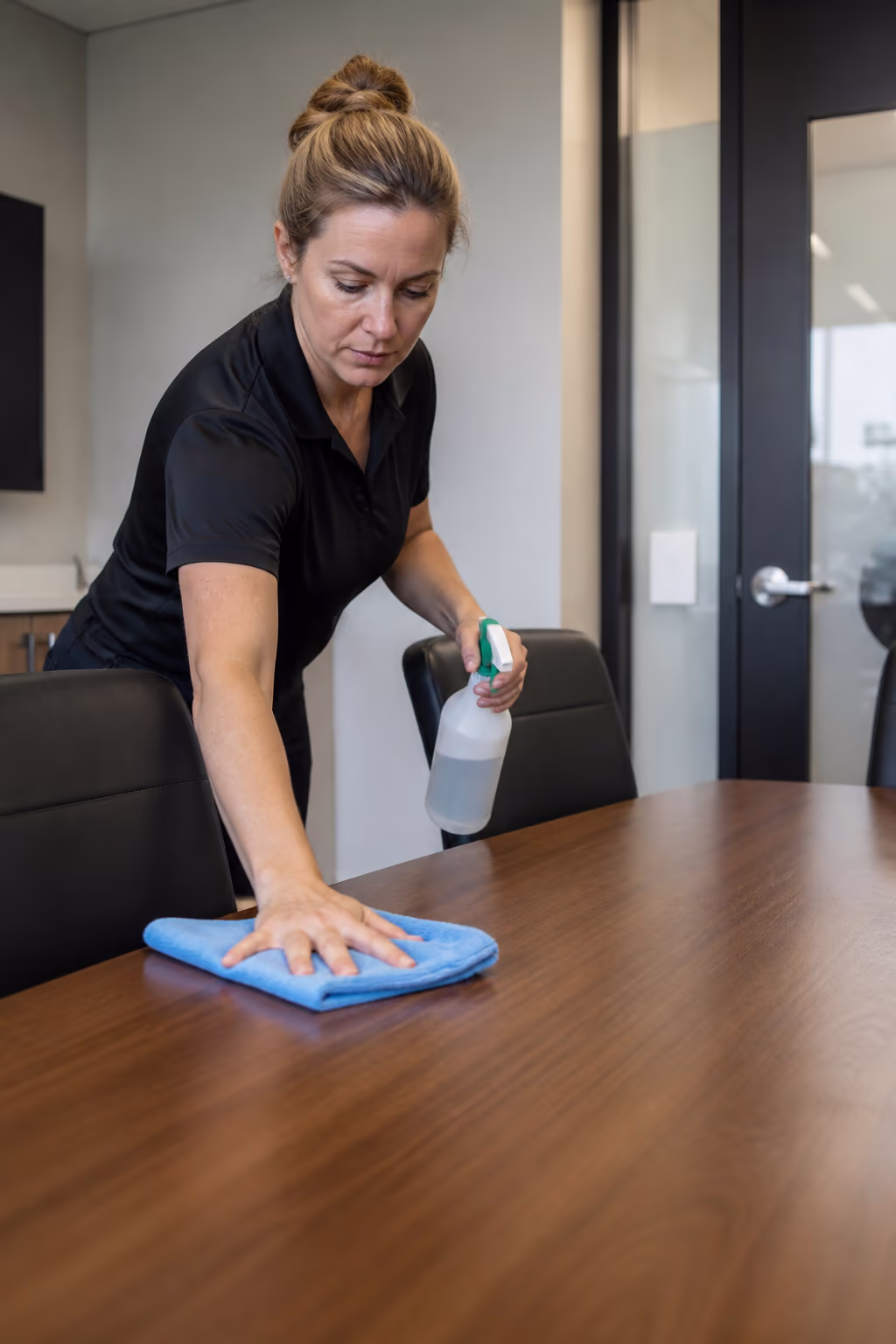 A cleaning technician wiping a shared meeting-room table, door handle and light switch with a microfibre cloth during an after-hours office clean in Ottawa.