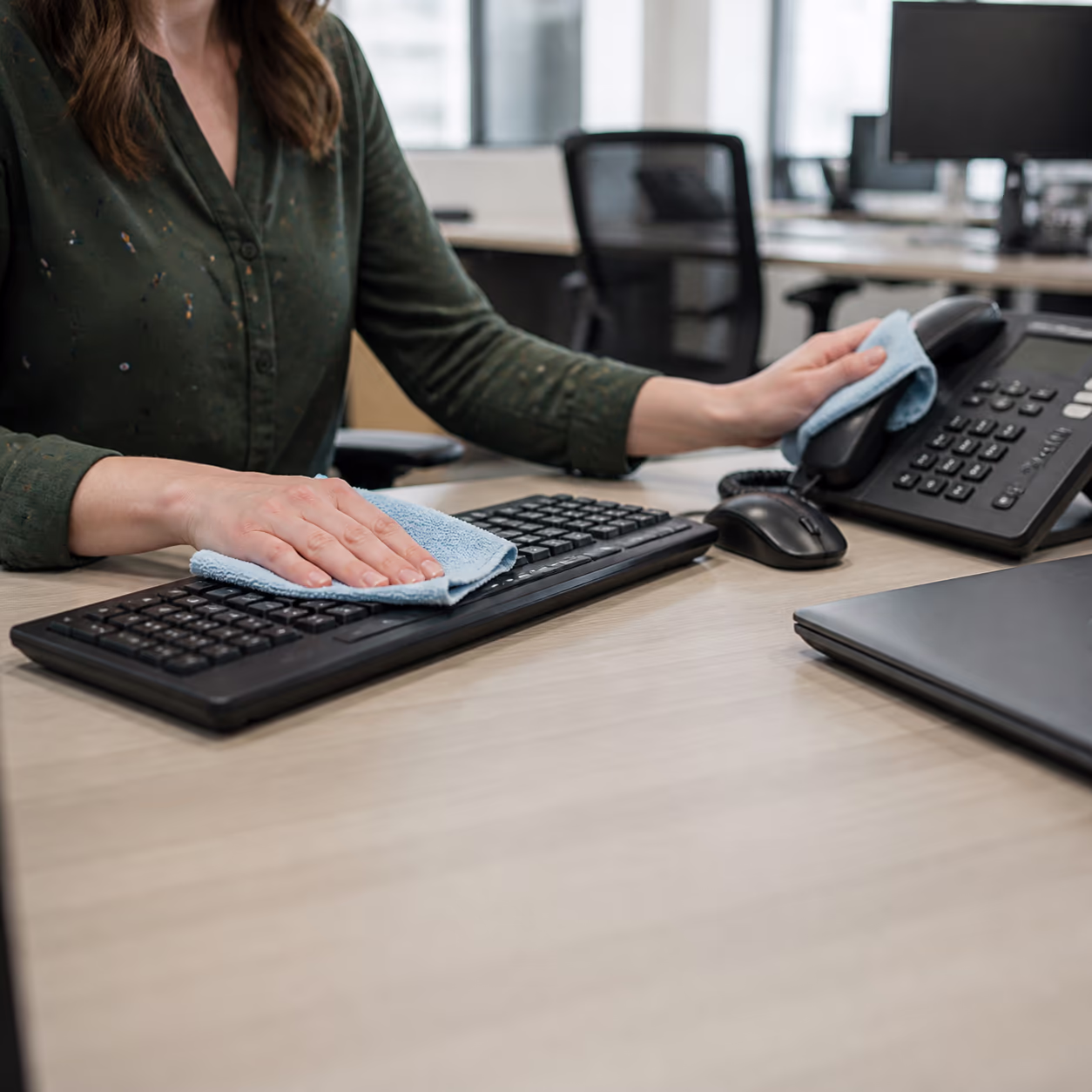 A close-up of a desk cluster where a worker wipes a shared keyboard, mouse and phone handset with a disinfecting wipe at the end of the workday in an Ottawa office.