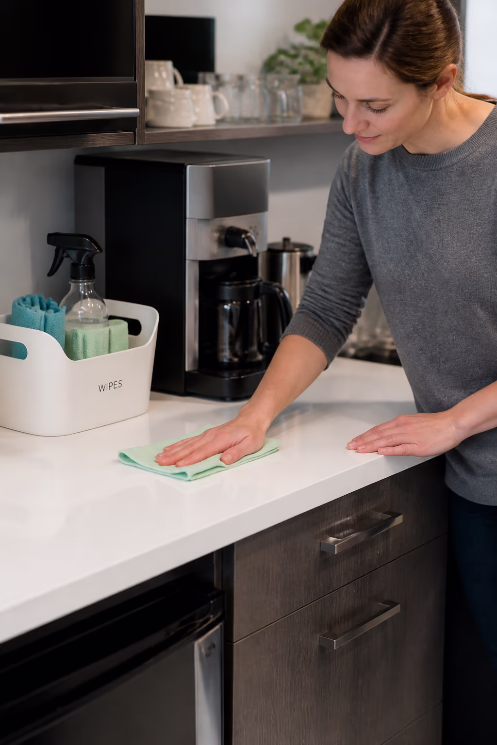A tidy office kitchen counter with a labelled wipes caddy, all-purpose spray and microfibre cloths kept within arm's reach of the coffee station.