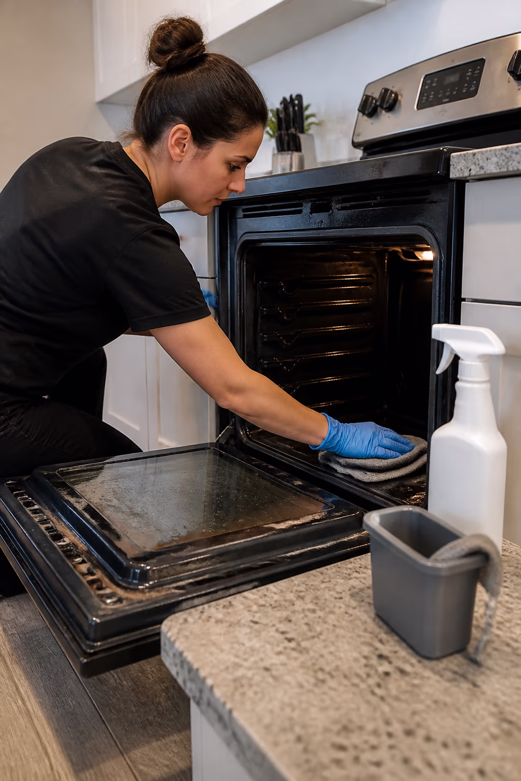 A cleaning technician in gloves wiping the interior of an oven with a microfibre cloth during a kitchen deep clean in an Ottawa home, a spray bottle and cleaning caddy on the counter beside the range.