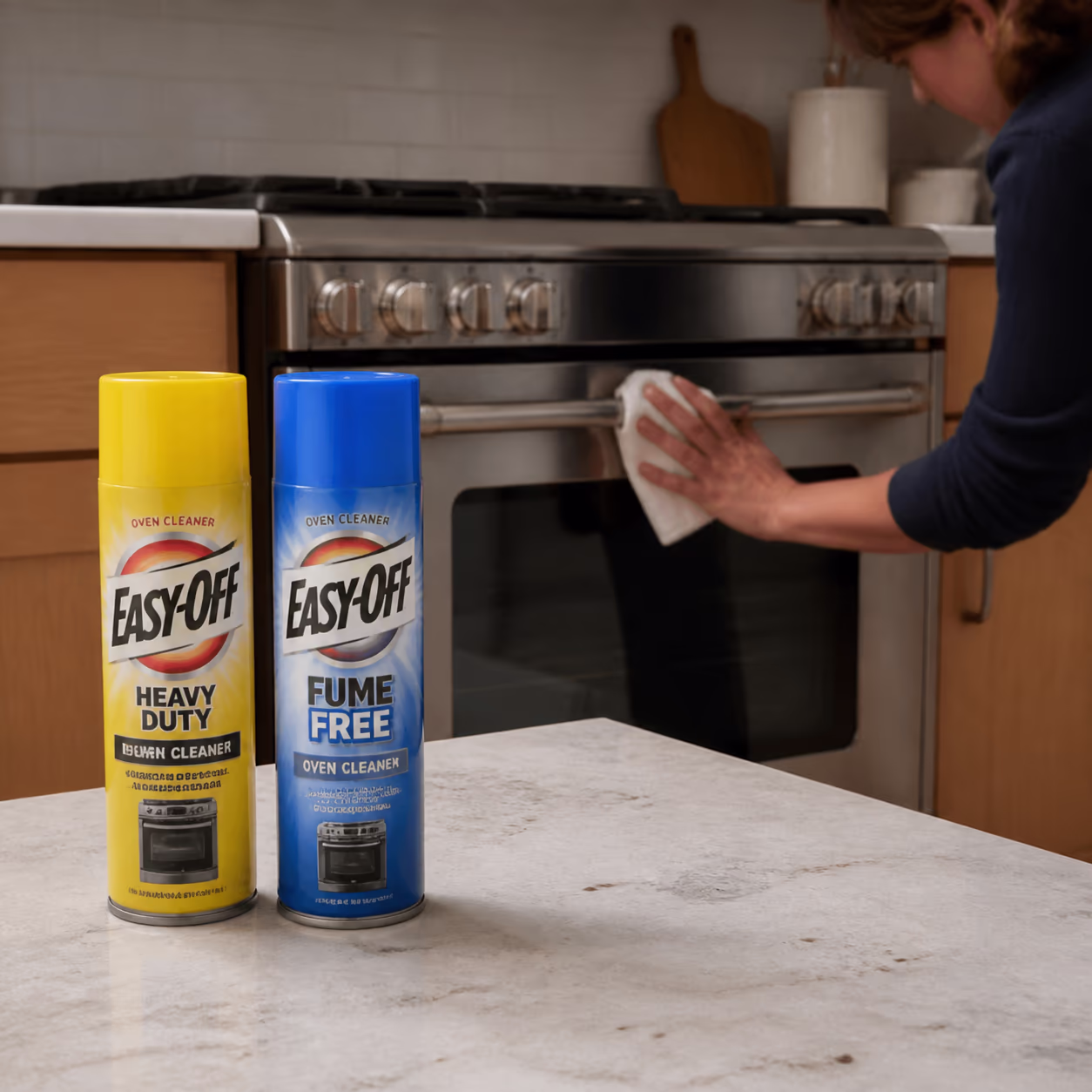 Two Easy-Off oven cleaner cans side by side on a kitchen counter, the yellow Heavy Duty Fume can and the blue Fume Free can, with a clean stainless-steel oven behind them.