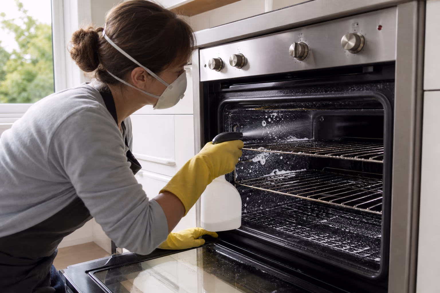 A cleaner in yellow rubber gloves and a protective mask spraying the interior of an oven with a heavy-duty cleaner while a window stands open behind the range.