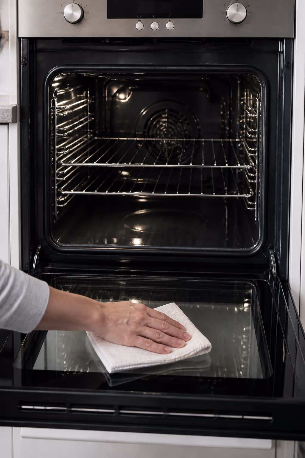 A spotless oven interior with bright chrome racks after a deep clean, photographed through the open door of a modern kitchen.