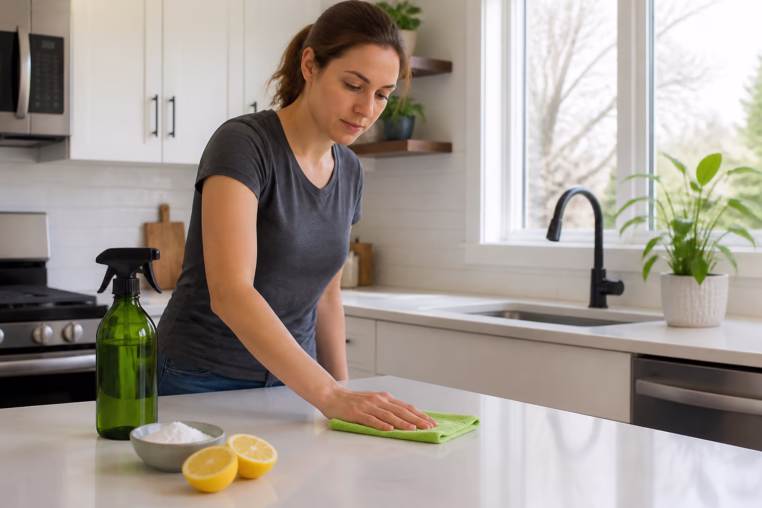 A professional cleaner in a bright Ottawa kitchen wiping a countertop with a reusable microfibre cloth beside a plant-based spray bottle, with lemon halves and baking soda nearby.