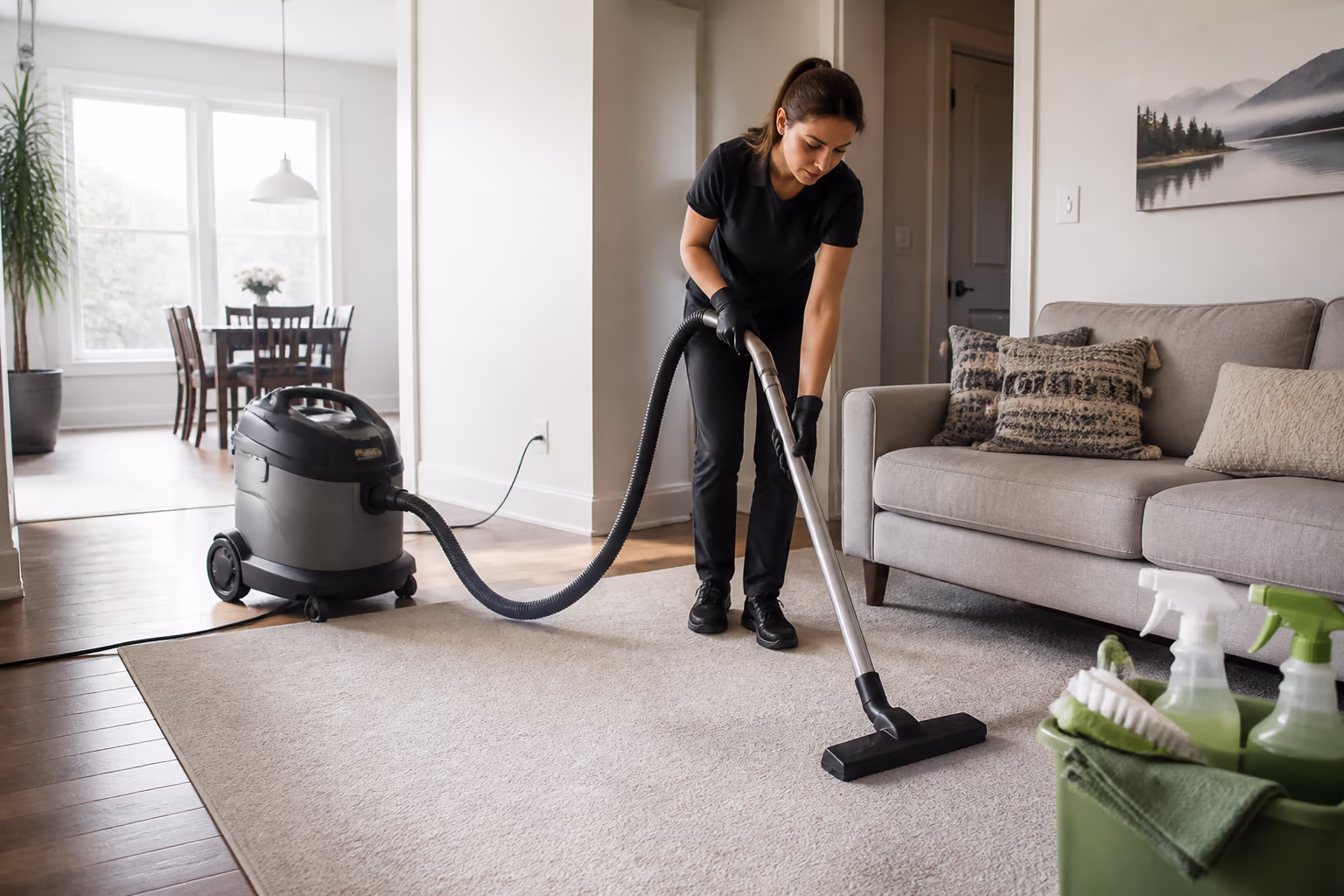 Cleaning technicians using a commercial HEPA vacuum and green supplies during a residential green deep clean in an Ottawa home.