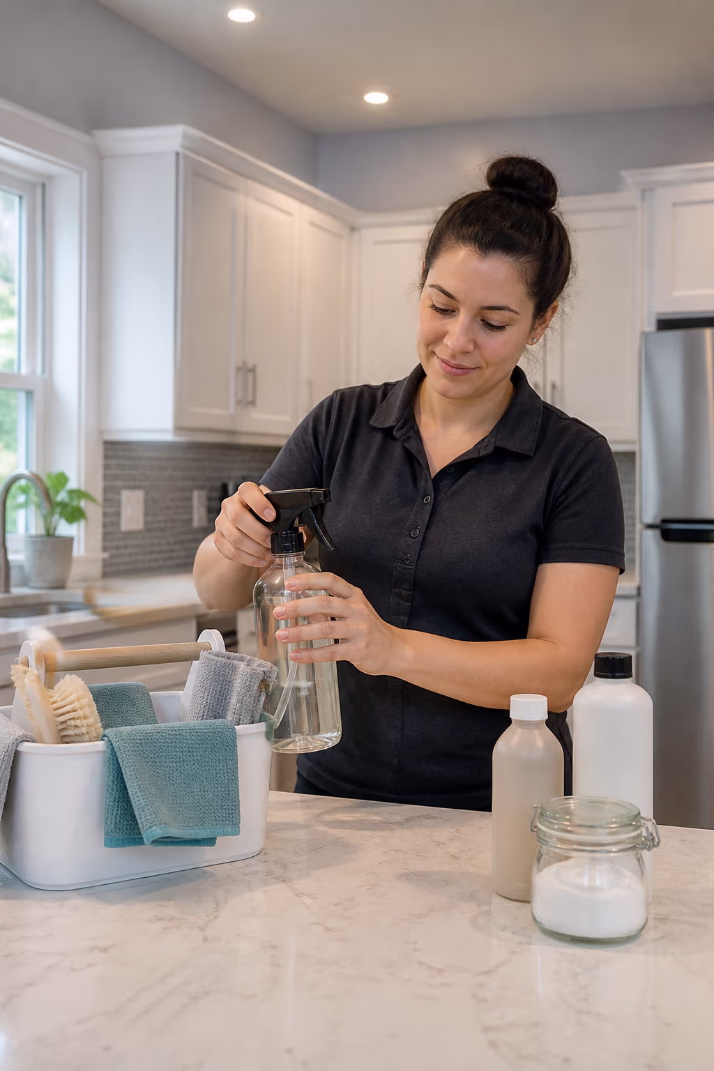 A cleaning technician in a bright Ottawa kitchen mixing a vinegar and baking soda cleaner in a reusable spray bottle beside a caddy of microfibre cloths, showing eco-friendly products in daily use.