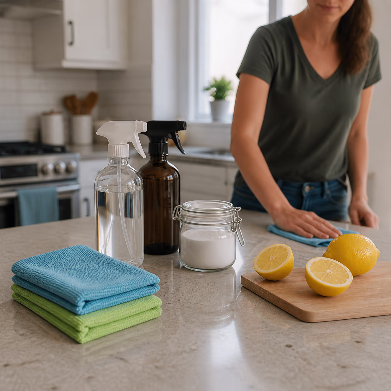 A bright Ottawa kitchen counter with reusable spray bottles, a jar of baking soda, cut lemons and a folded stack of microfibre cloths, showing a low-waste eco cleaning routine.