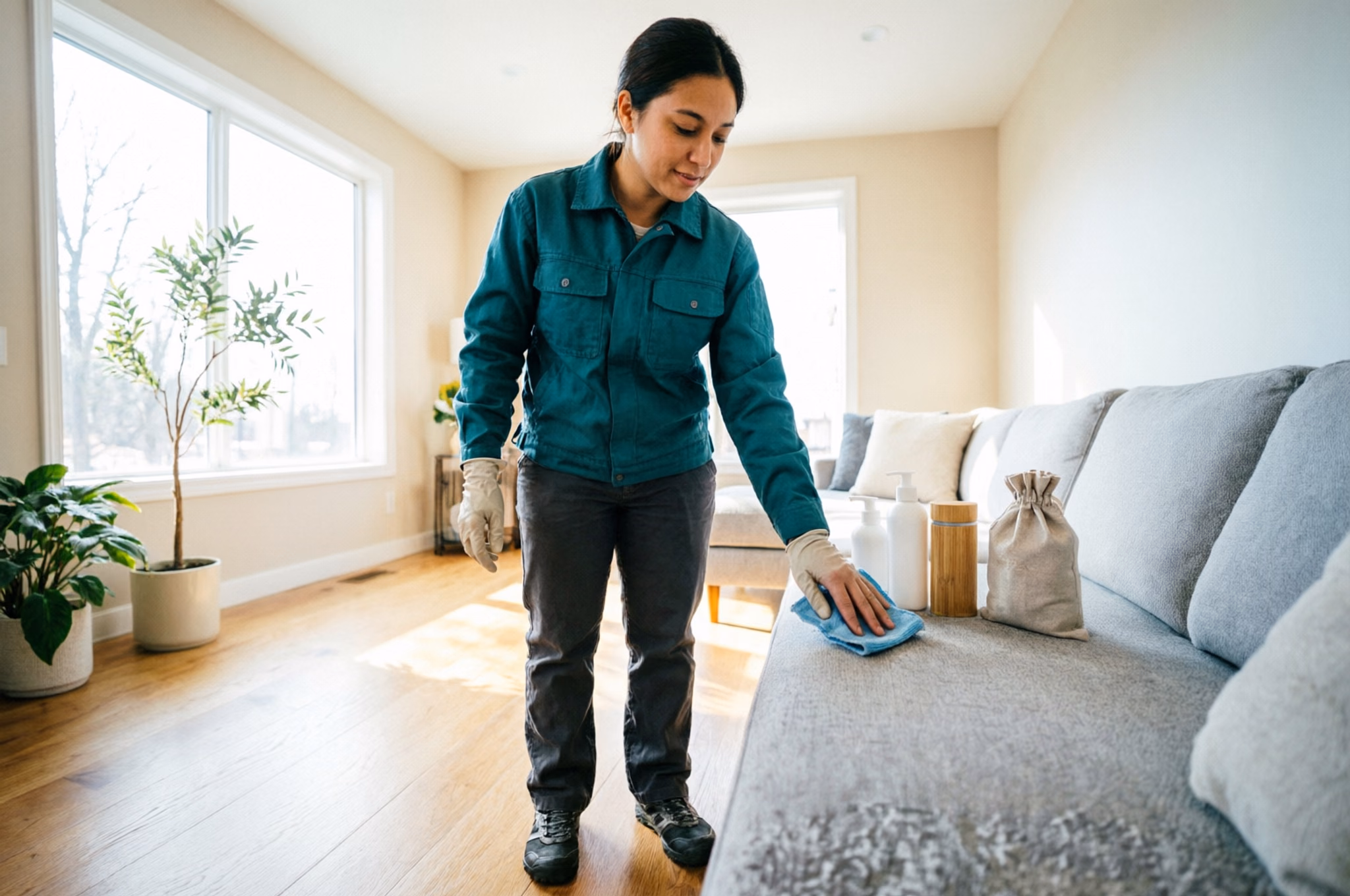 Cleaner wiping a sofa with a cloth beside plant-based products in a sunlit living room