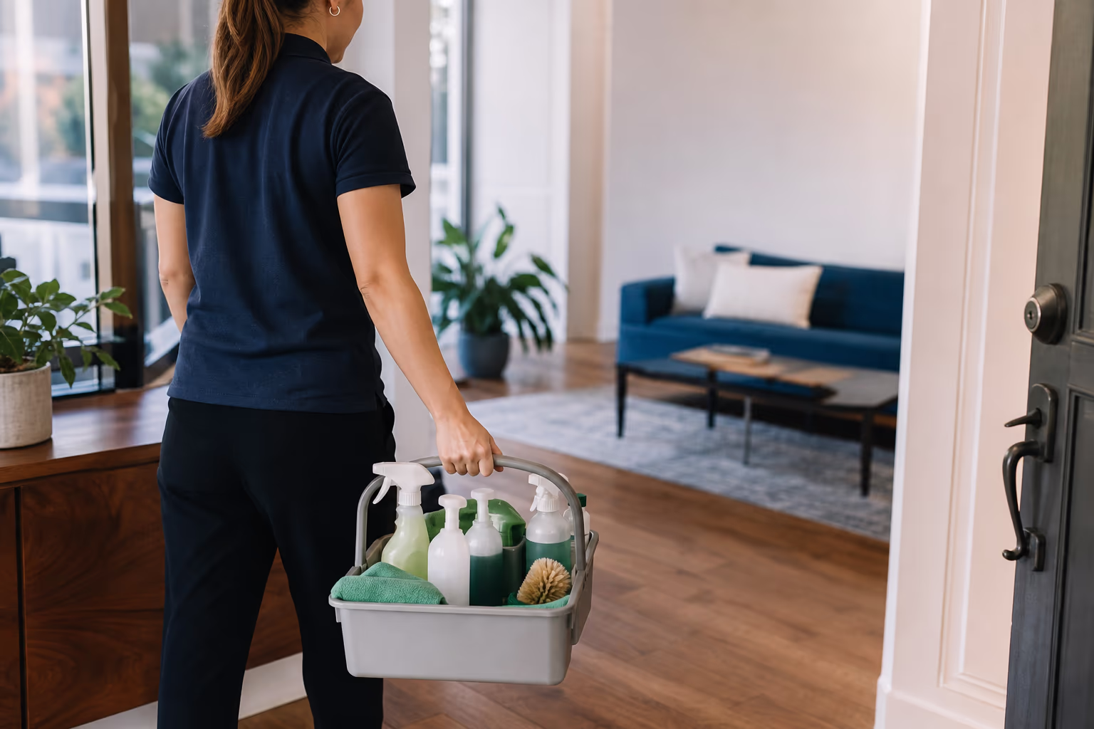 A cleaning technician carrying a colour-coded caddy of plant-based cleaning supplies toward an Ottawa home, team uniform and green chemistry visible.