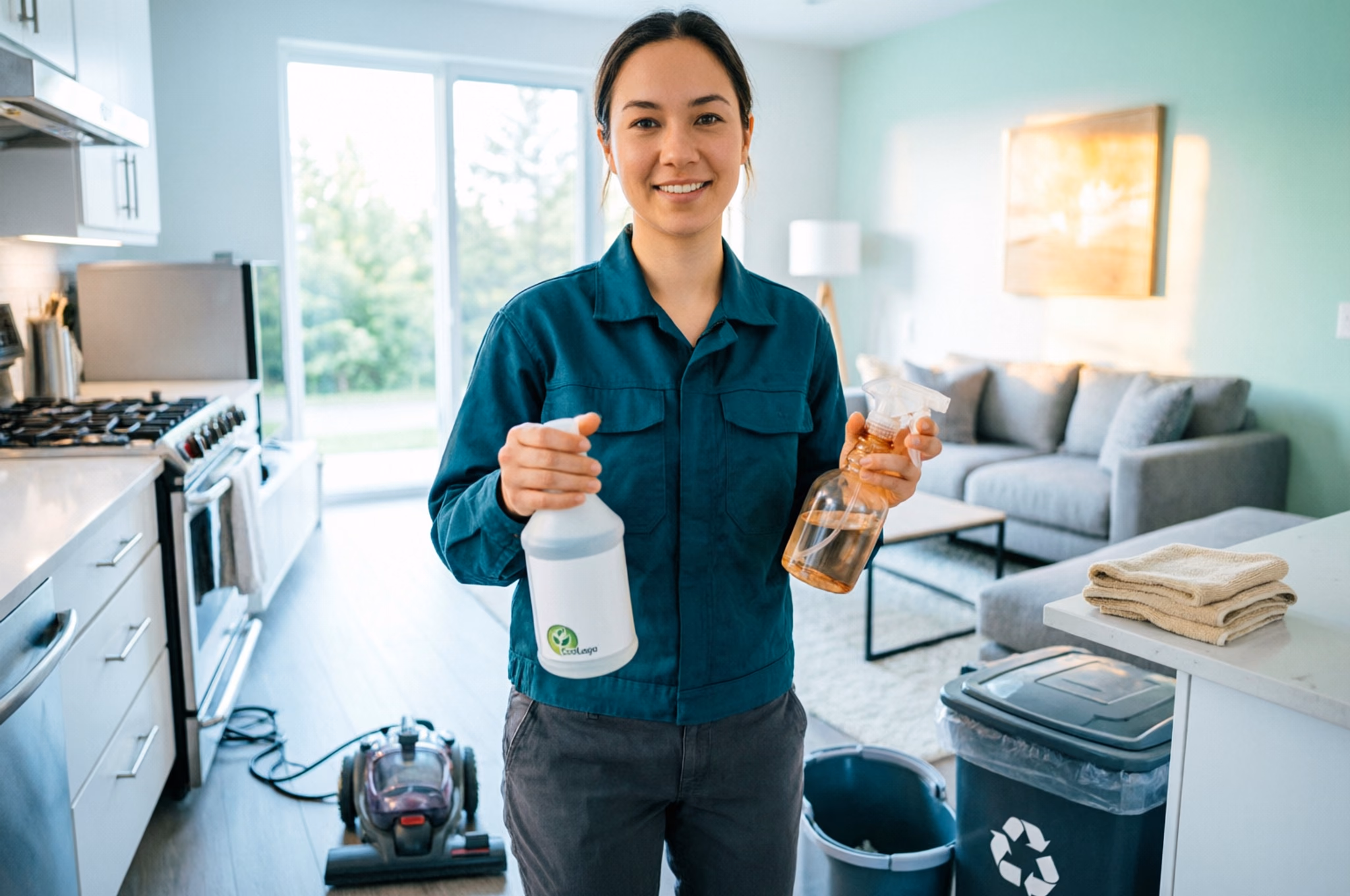 A cleaning technician in a bright Ottawa home holding a green cleaner beside a refillable spray bottle and microfibre cloths, showing how eco-friendly products protect indoor air and local waterways.