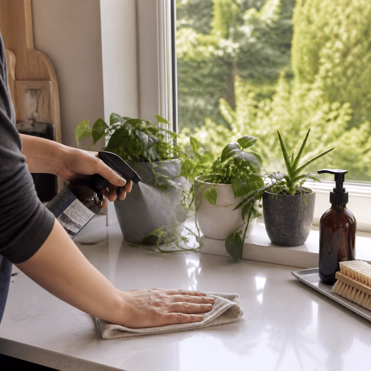 A cleaner misting a plant-based cleaning spray onto a kitchen counter beside an open window in a modern sealed home, capturing how indoor air holds onto product residue.