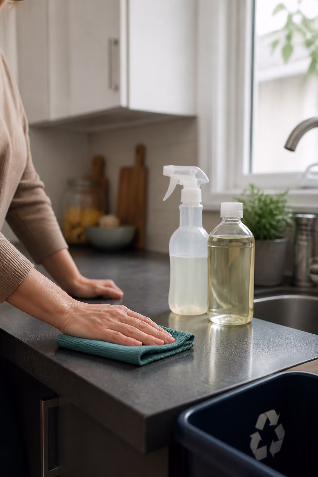 Refillable eco-friendly cleaning bottles with a reusable trigger and a folded microfibre cloth on a kitchen counter near a recycling bin, showing less packaging and a lighter drain load.