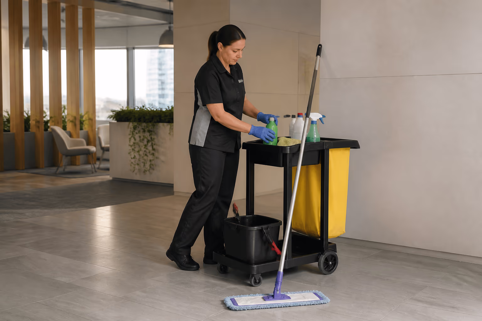 A commercial cleaner in a professional uniform and gloves restocking a janitorial caddy with green cleaning bottles beside a split-microfibre mop in a bright Ottawa office lobby.